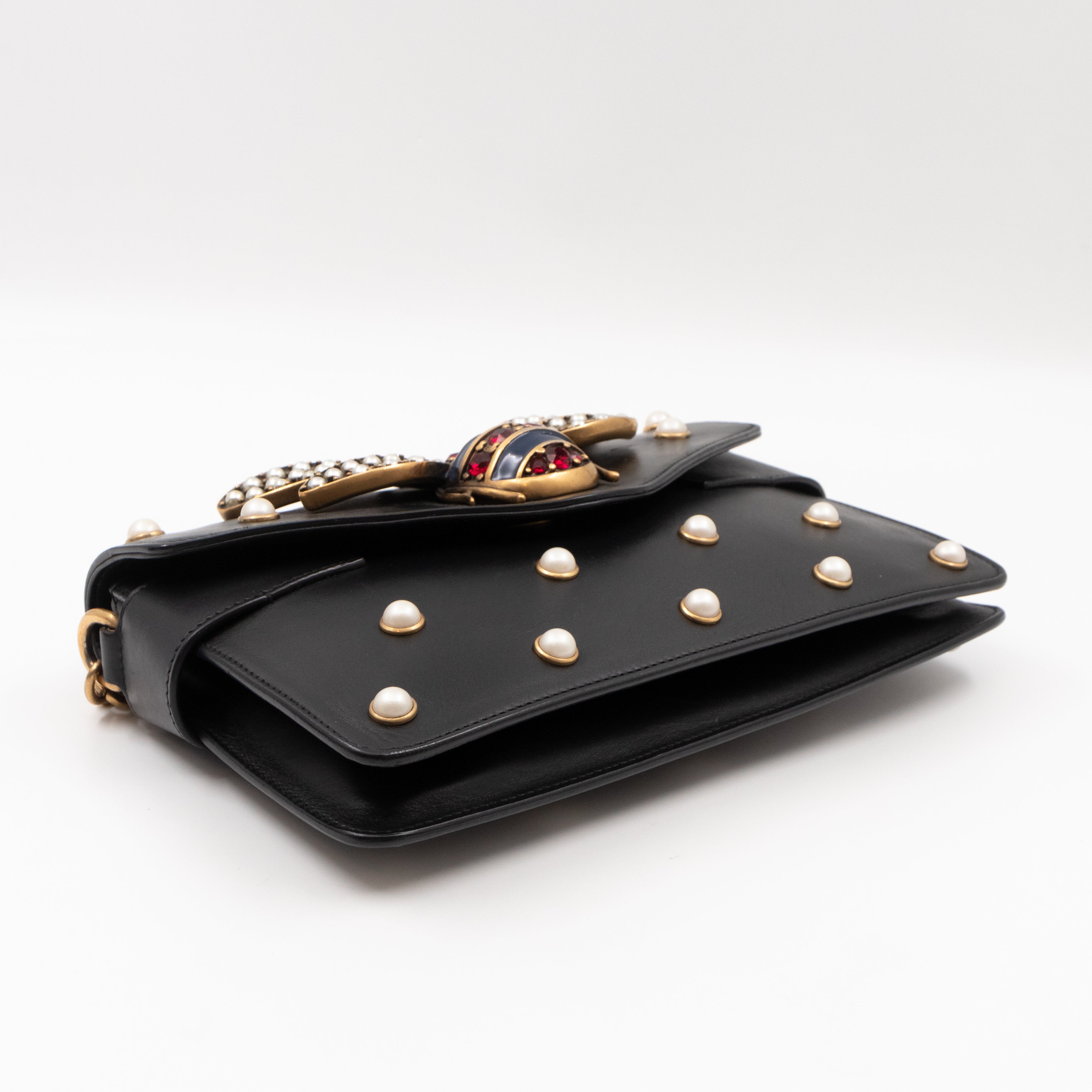 Broadway Pearl Studded Mini Queen Margaret Bee Bag Black Nappa Leather