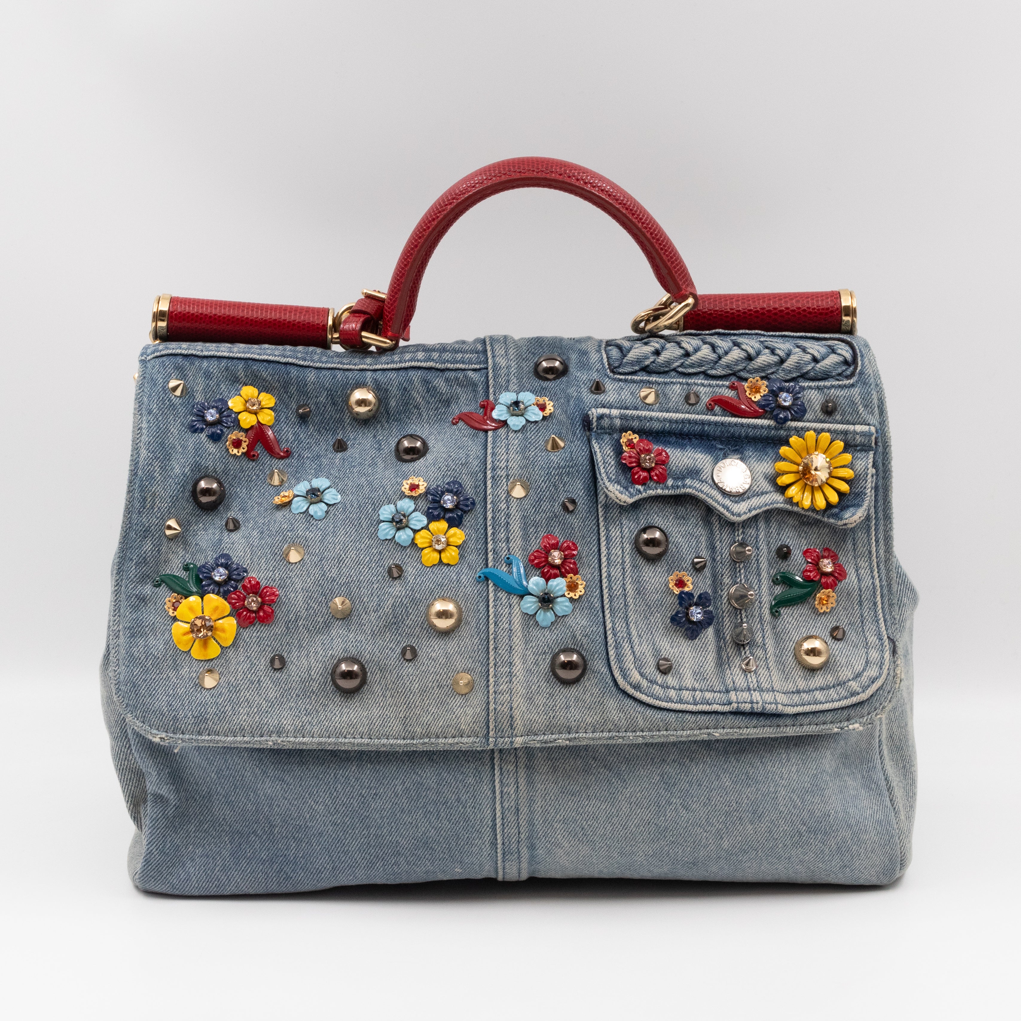 Sicily Large Crystal Embellished Blue Denim Red Lizard