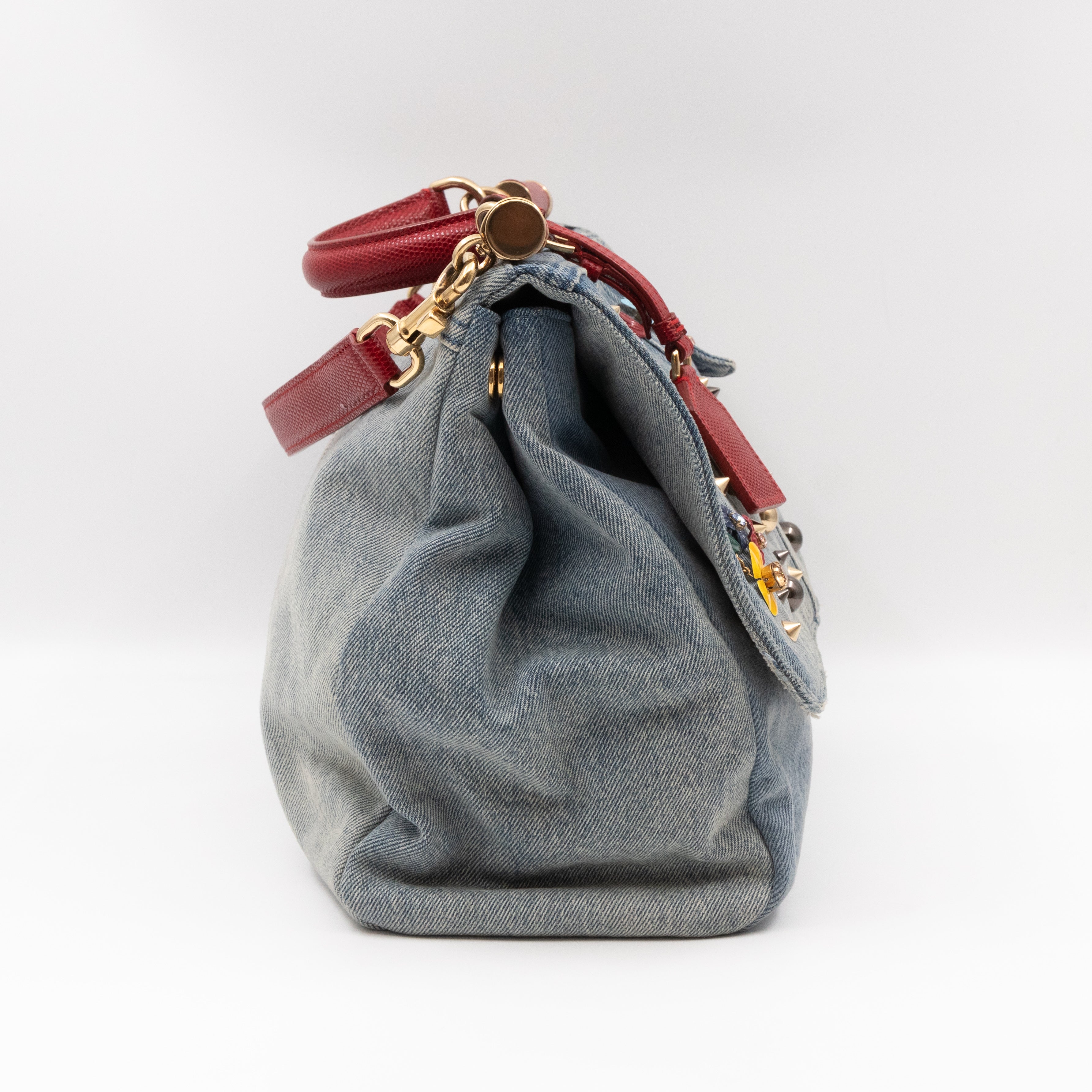 Sicily Large Crystal Embellished Blue Denim Red Lizard