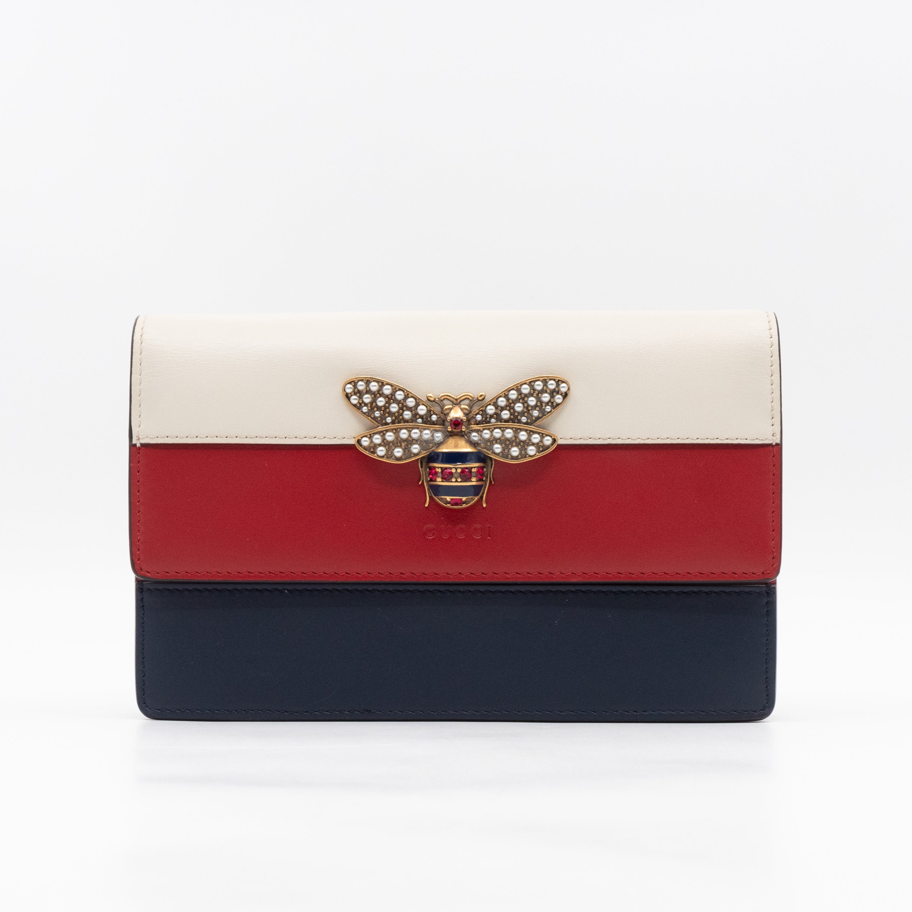Queen Margaret Bee Wallet on Chain Blue & Red & White Leather