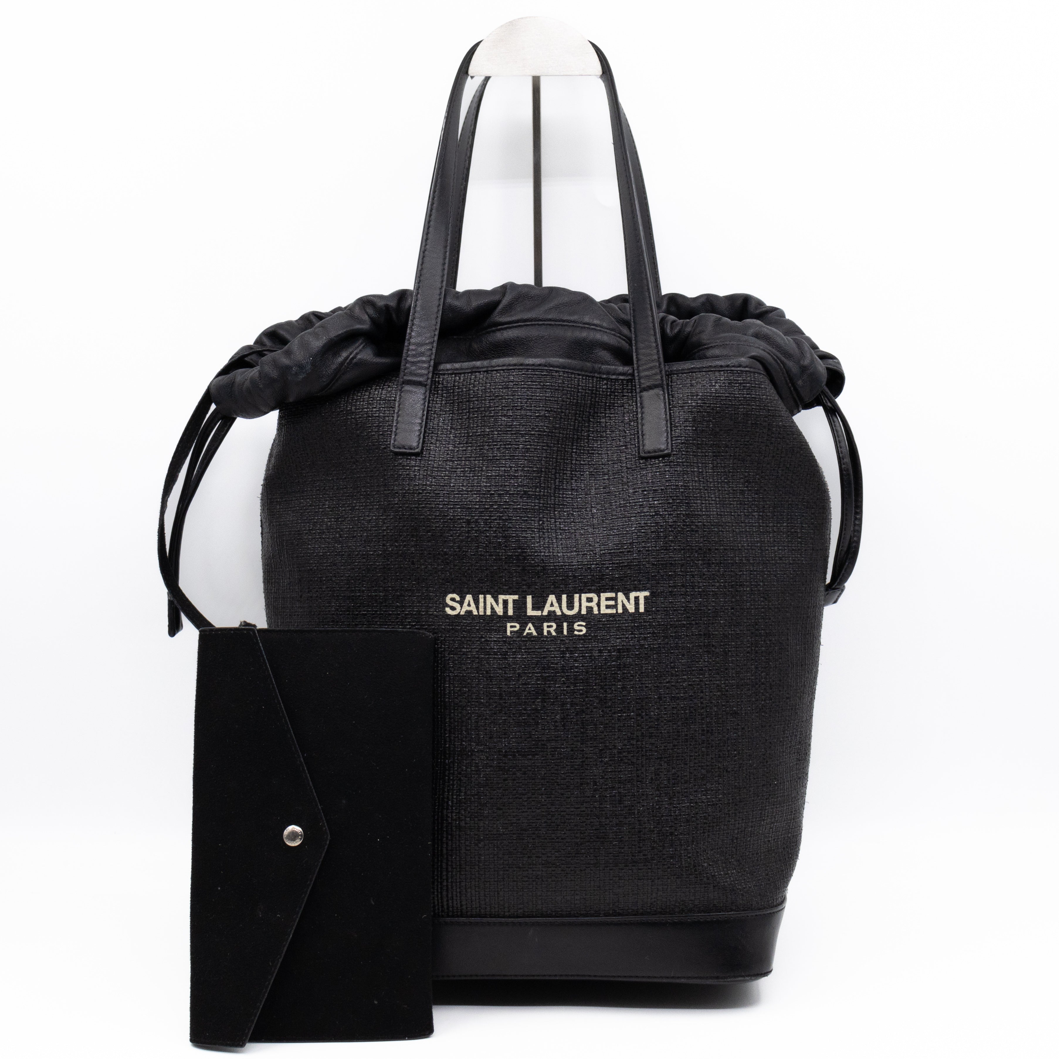 Teddy Drawstring Bucket Bag Black Raffia & Leather