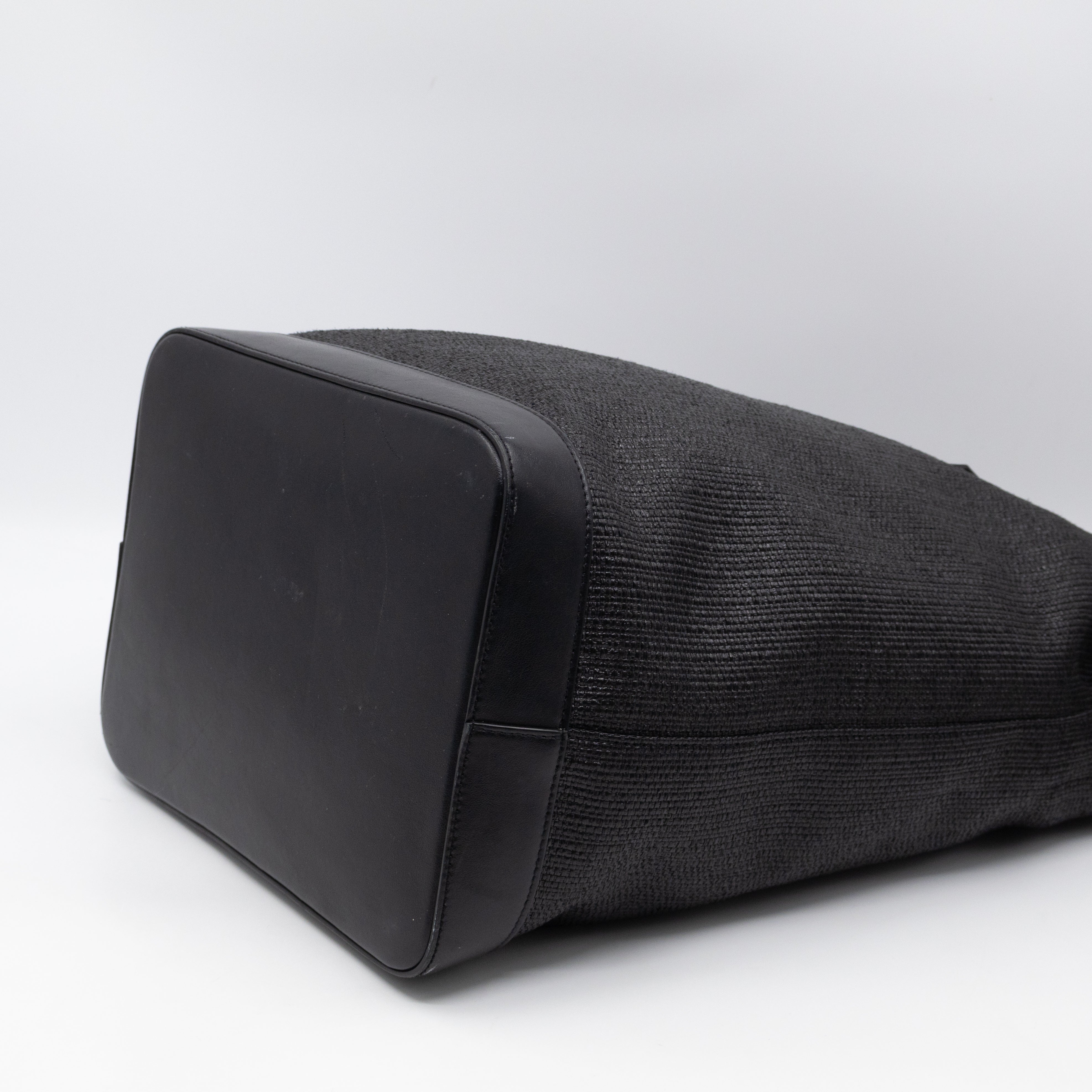 Teddy Drawstring Bucket Bag Black Raffia & Leather