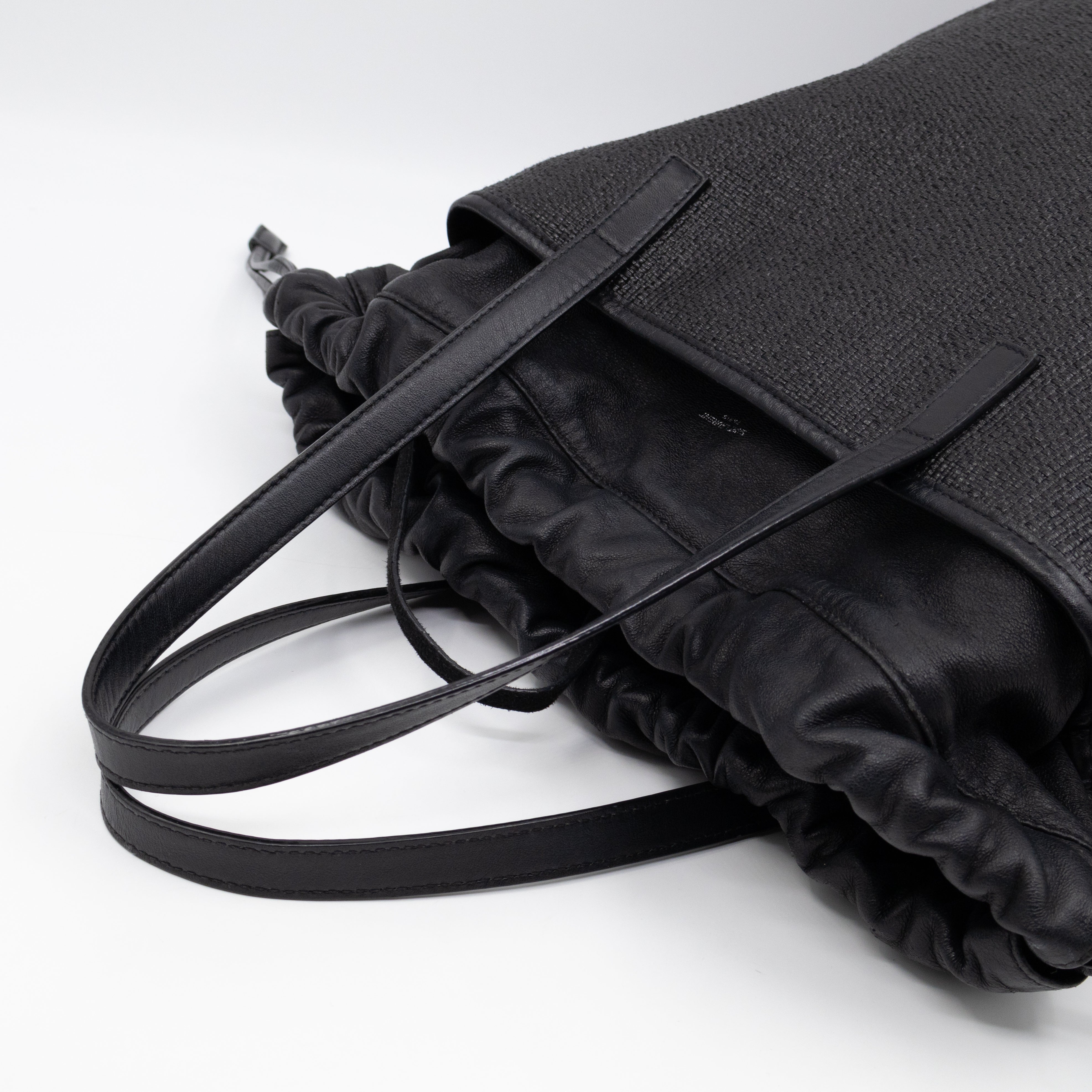 Teddy Drawstring Bucket Bag Black Raffia & Leather