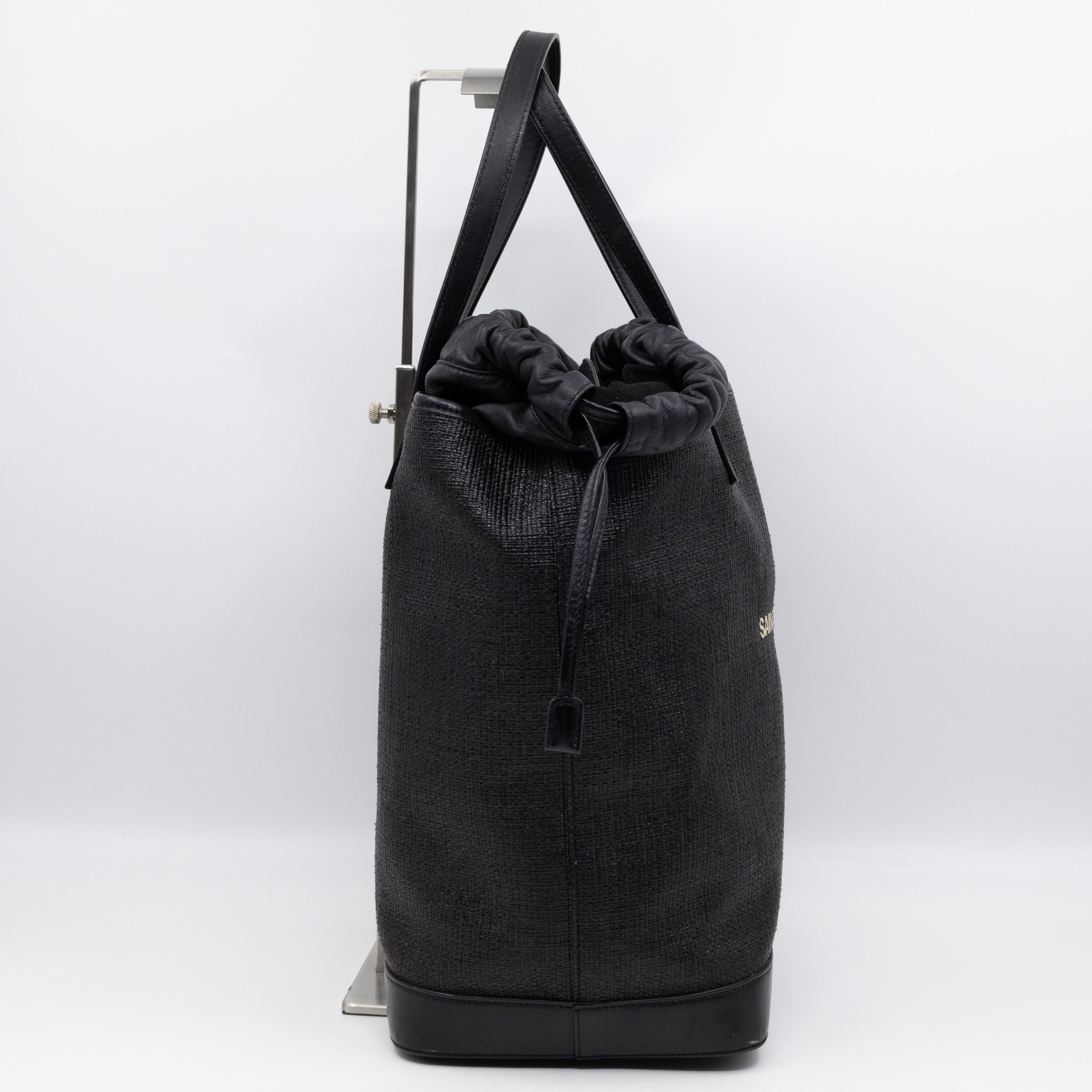 Teddy Drawstring Bucket Bag Black Raffia & Leather