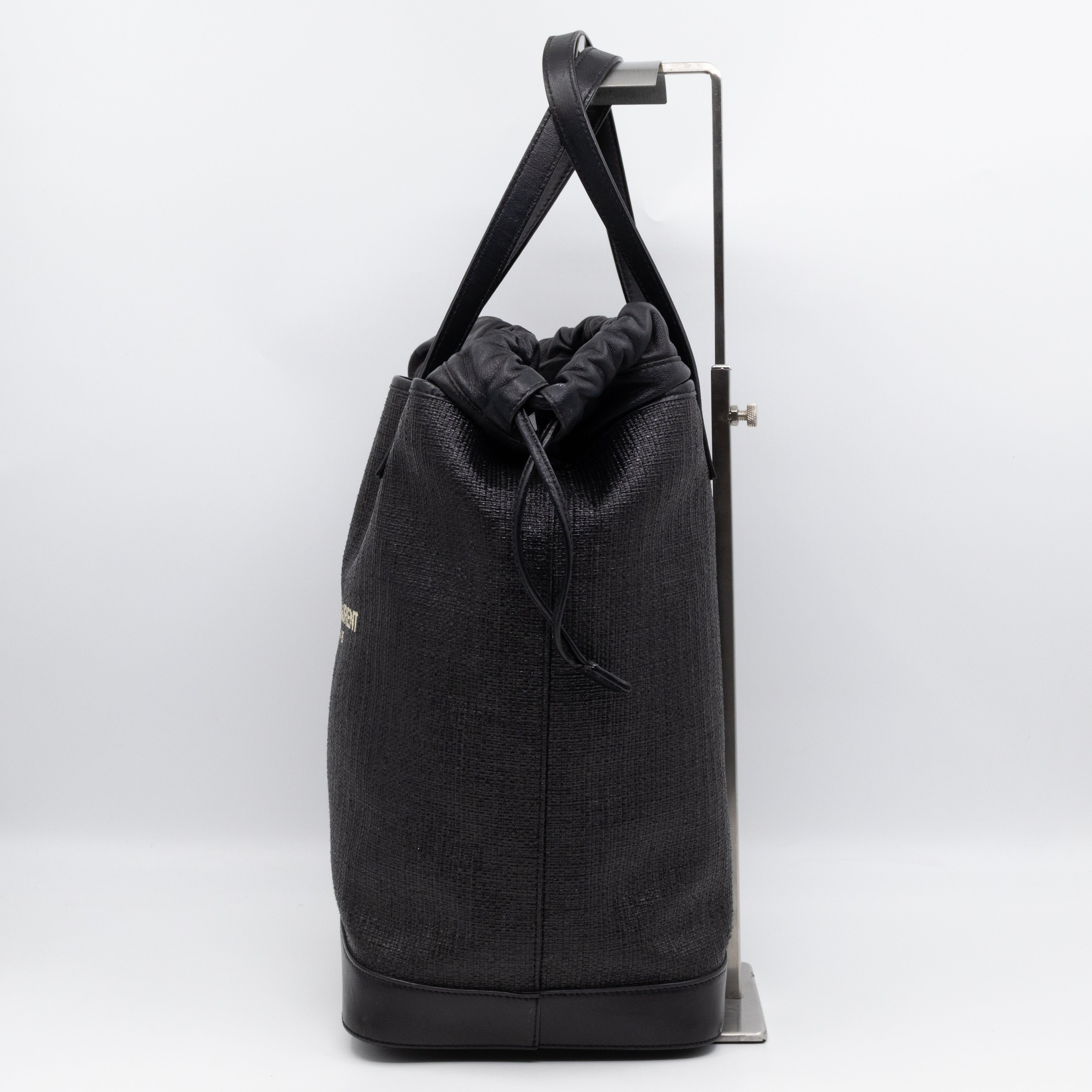 Teddy Drawstring Bucket Bag Black Raffia & Leather