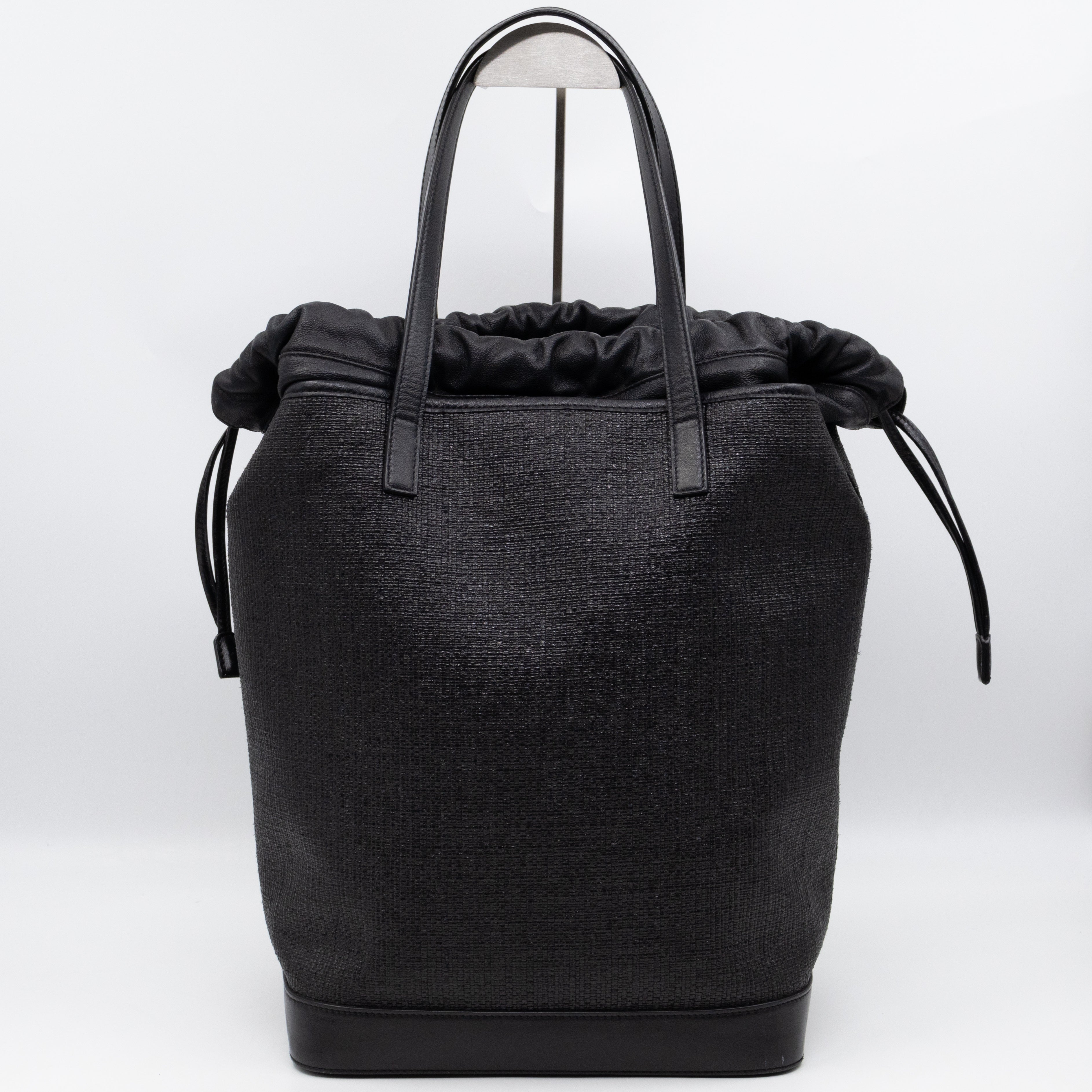 Teddy Drawstring Bucket Bag Black Raffia & Leather