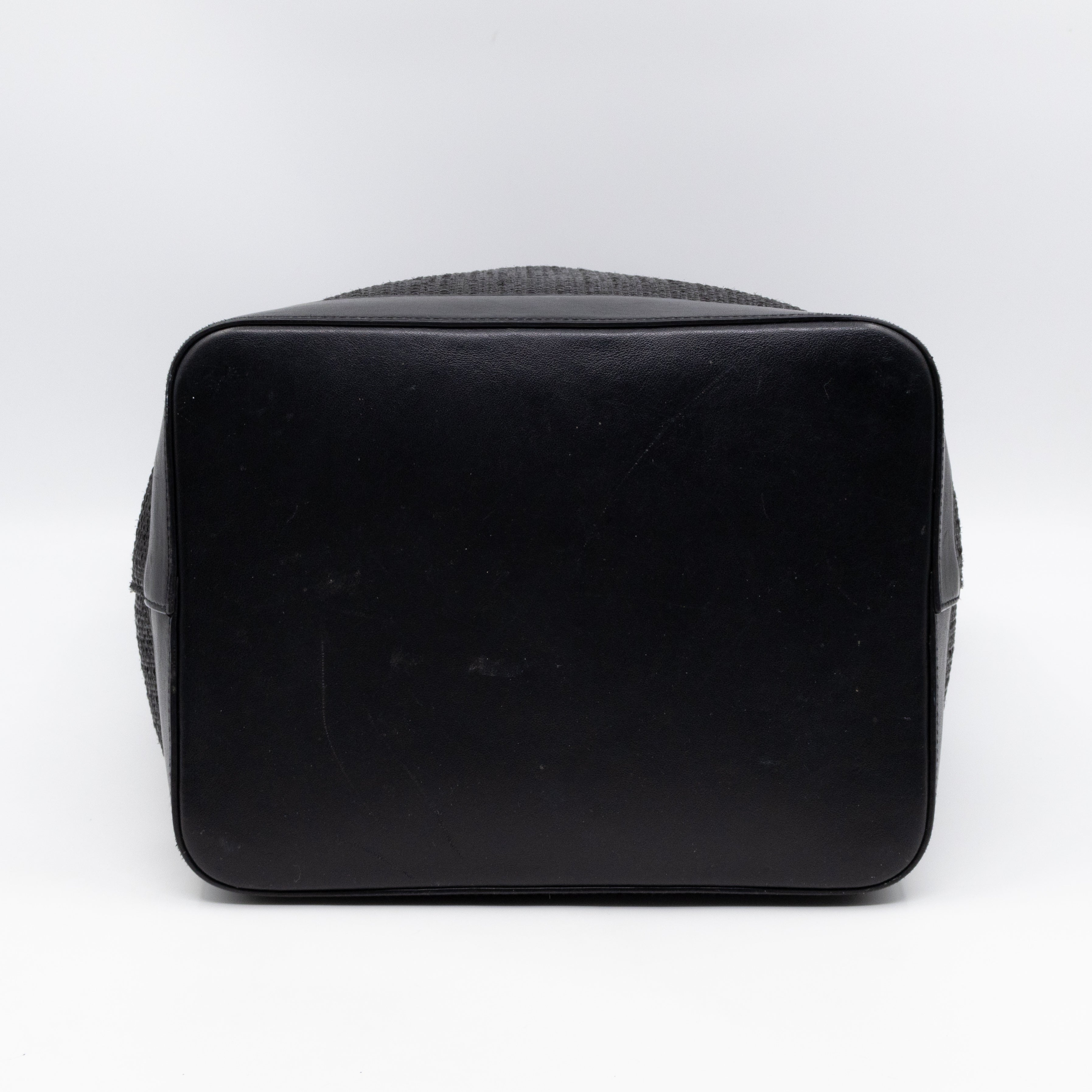 Teddy Drawstring Bucket Bag Black Raffia & Leather