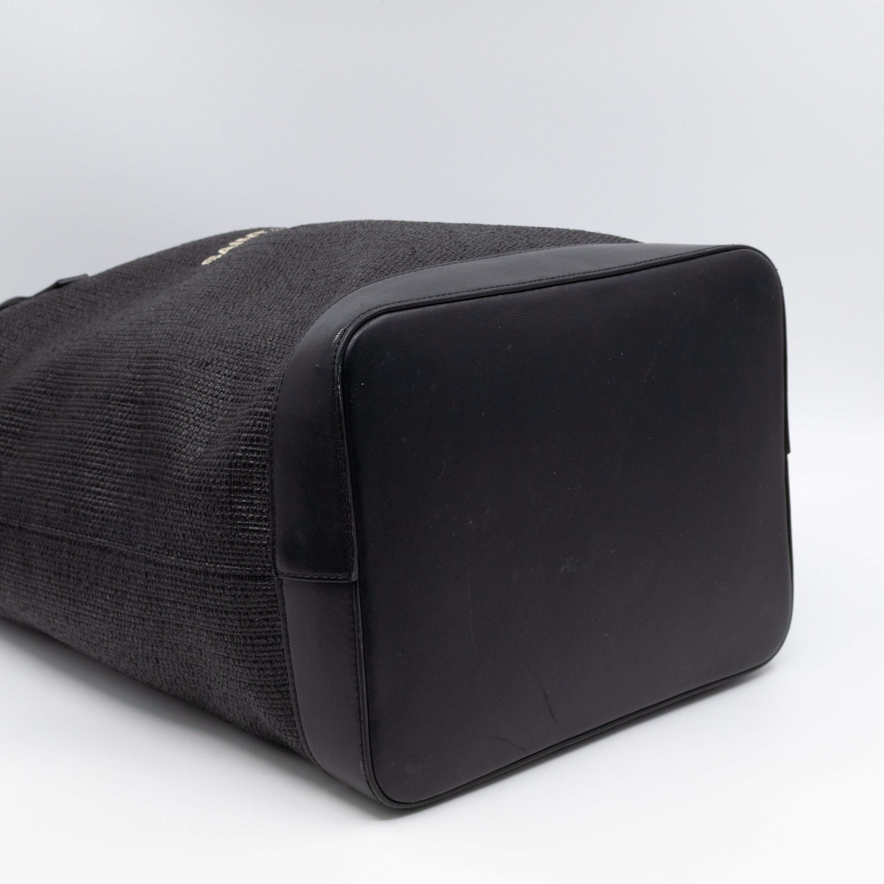 Teddy Drawstring Bucket Bag Black Raffia & Leather