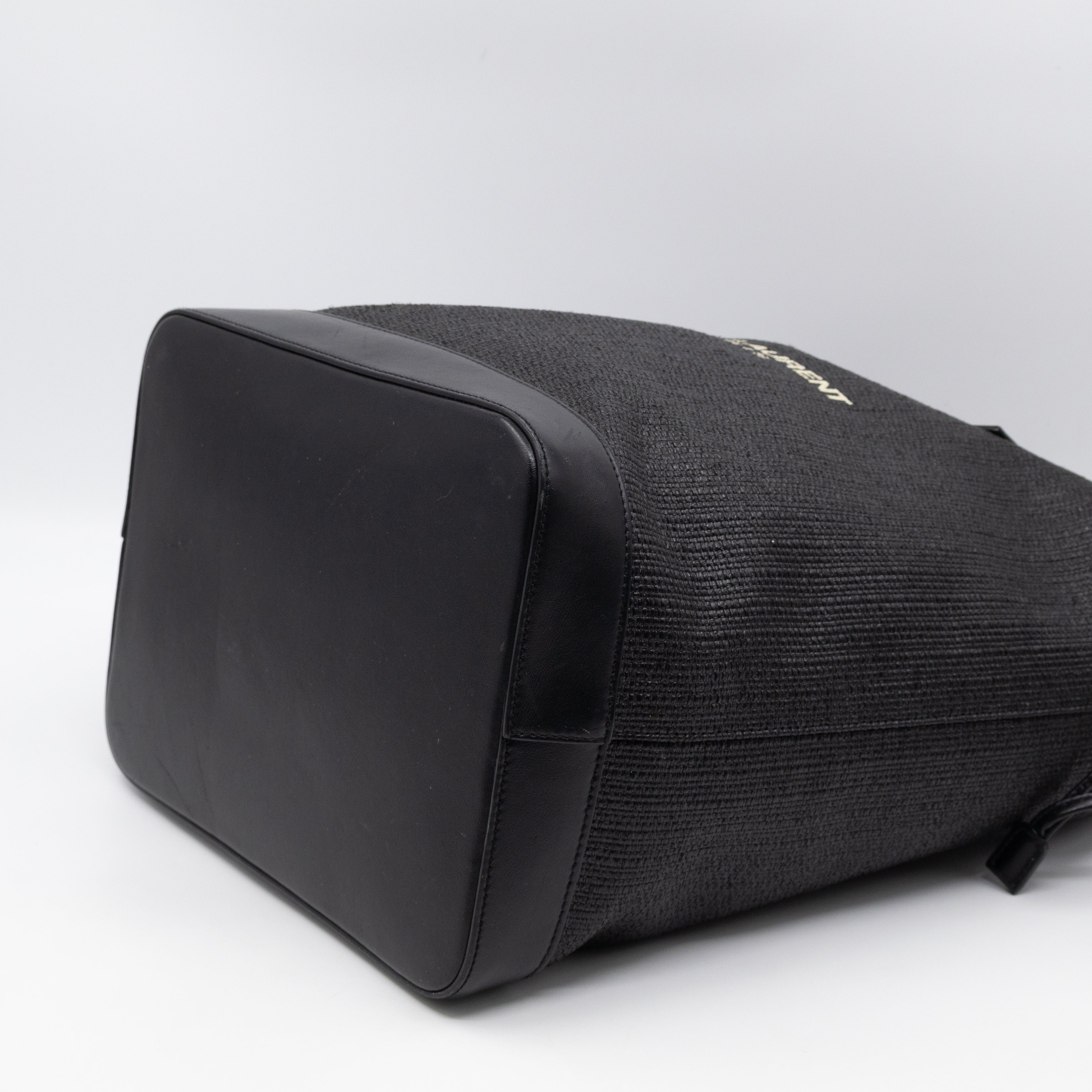 Teddy Drawstring Bucket Bag Black Raffia & Leather