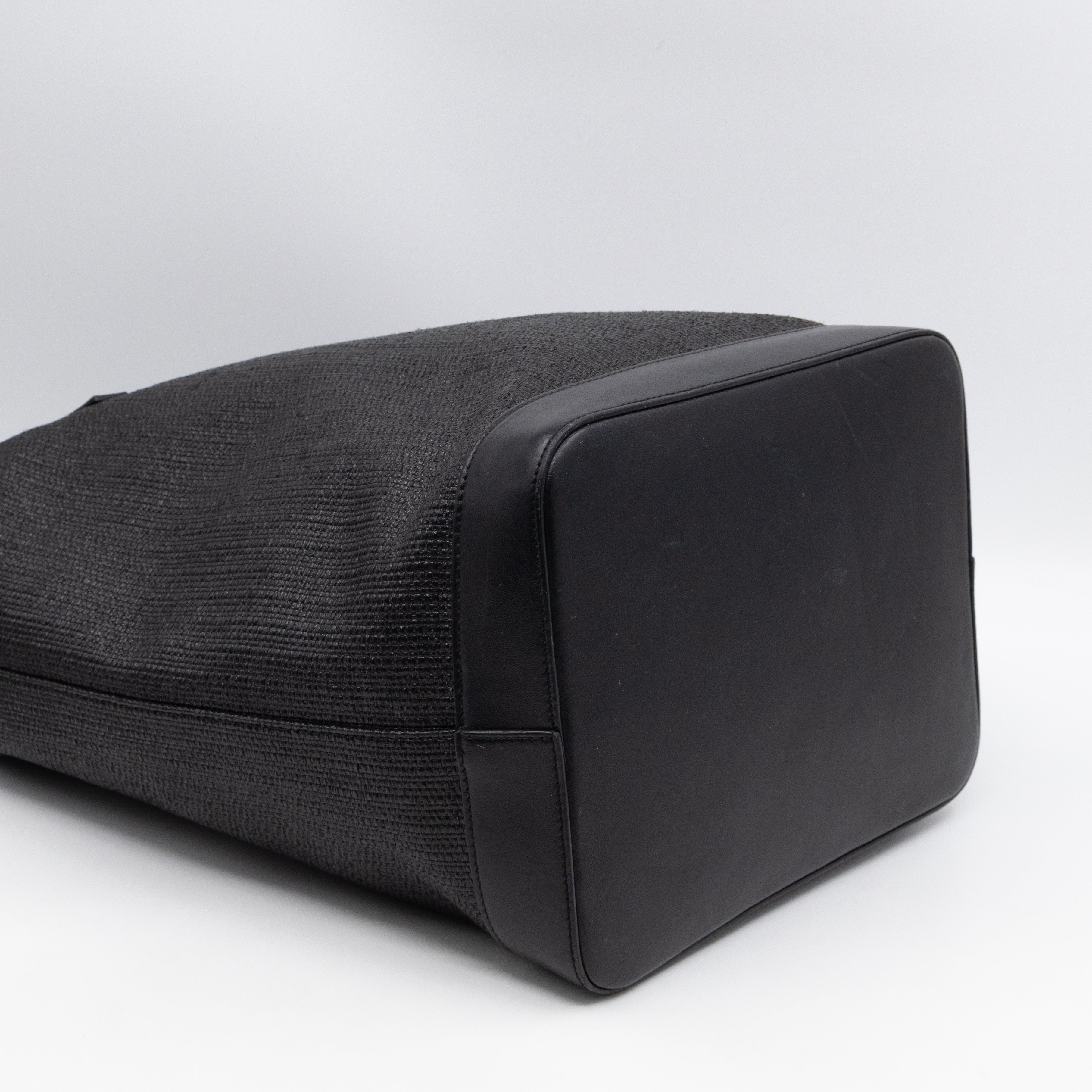 Teddy Drawstring Bucket Bag Black Raffia & Leather