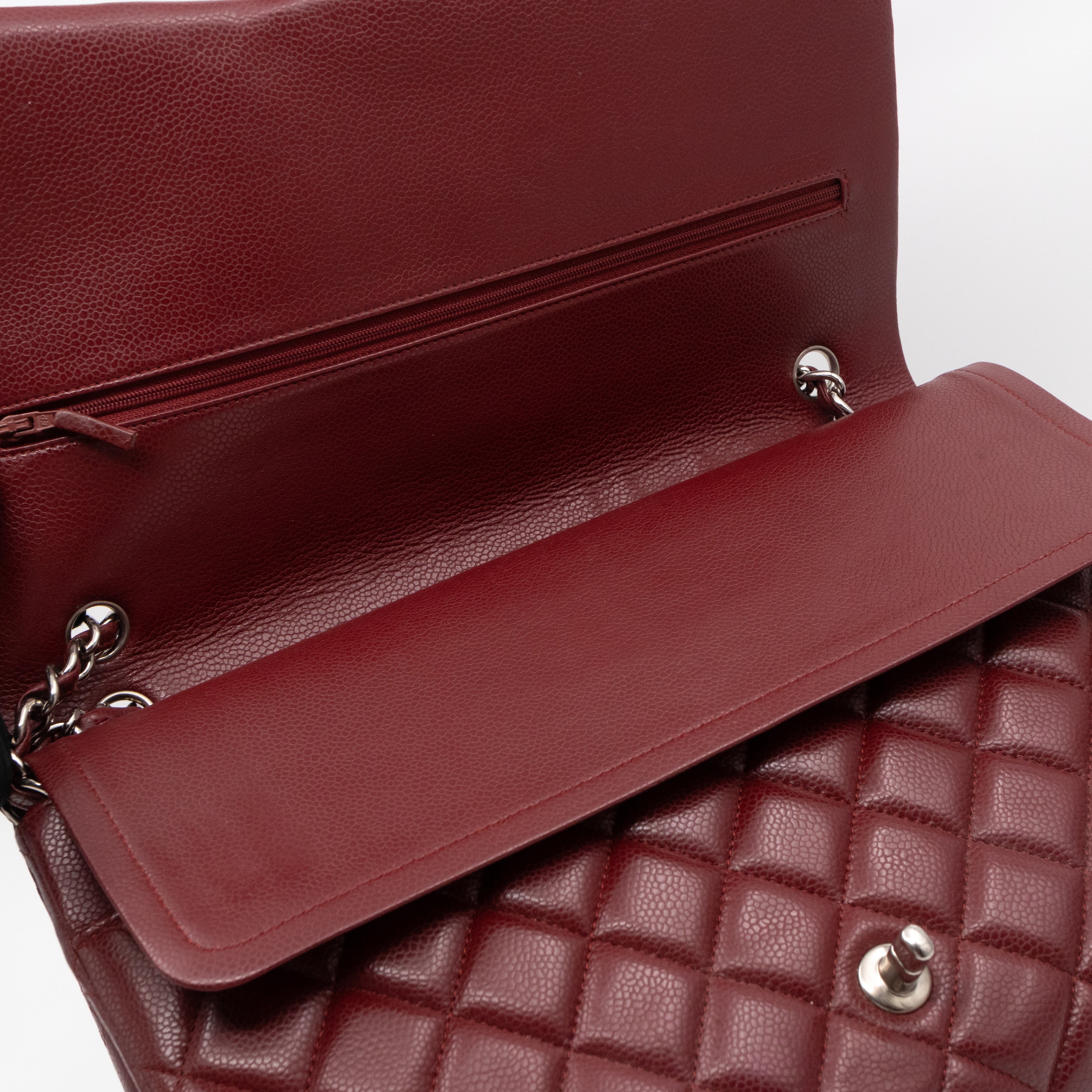 Classic Double Flap Maxi Burgundy Caviar Leather Silver