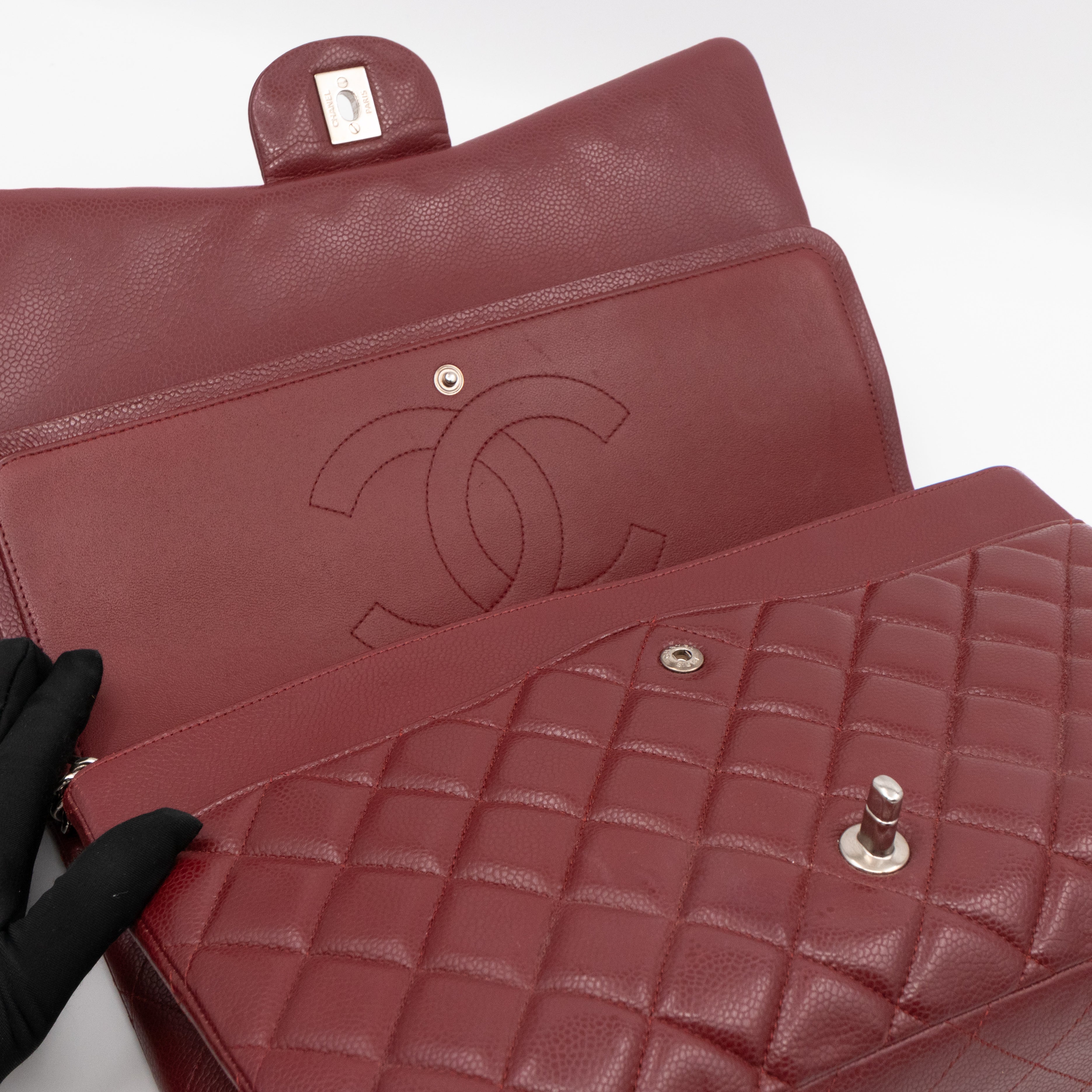 Classic Double Flap Maxi Burgundy Caviar Leather Silver