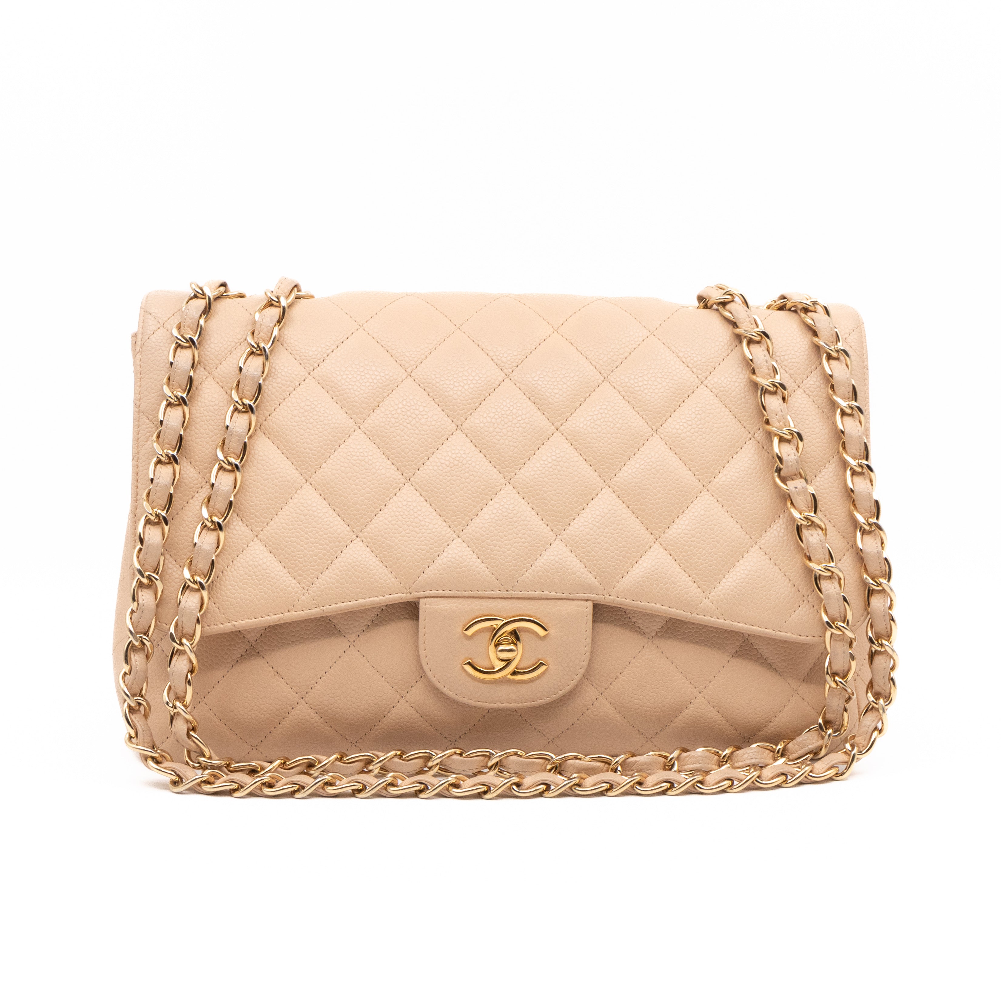 Classic Single Flap Jumbo Beige Caviarskin Leather Gold