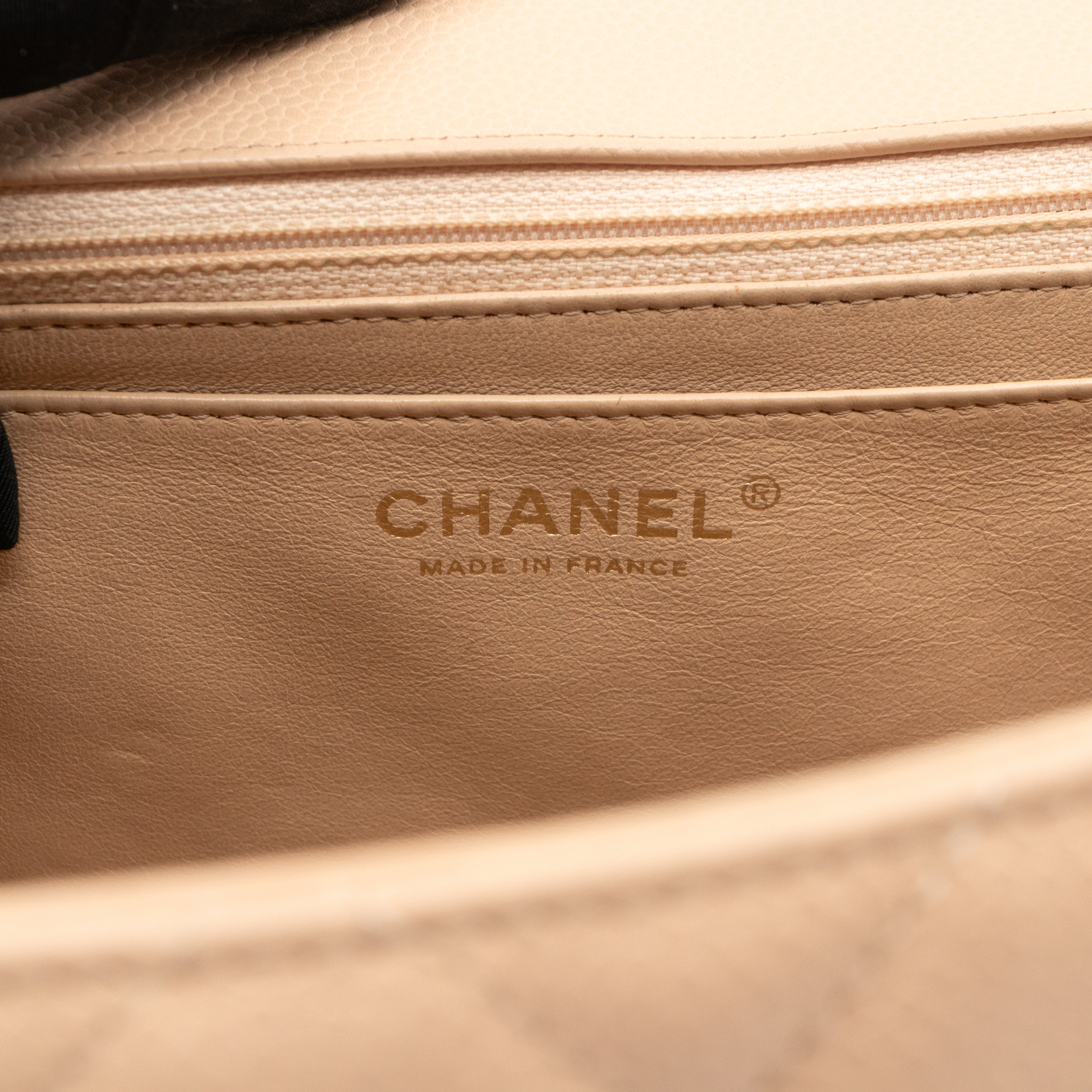 Classic Single Flap Jumbo Beige Caviarskin Leather Gold