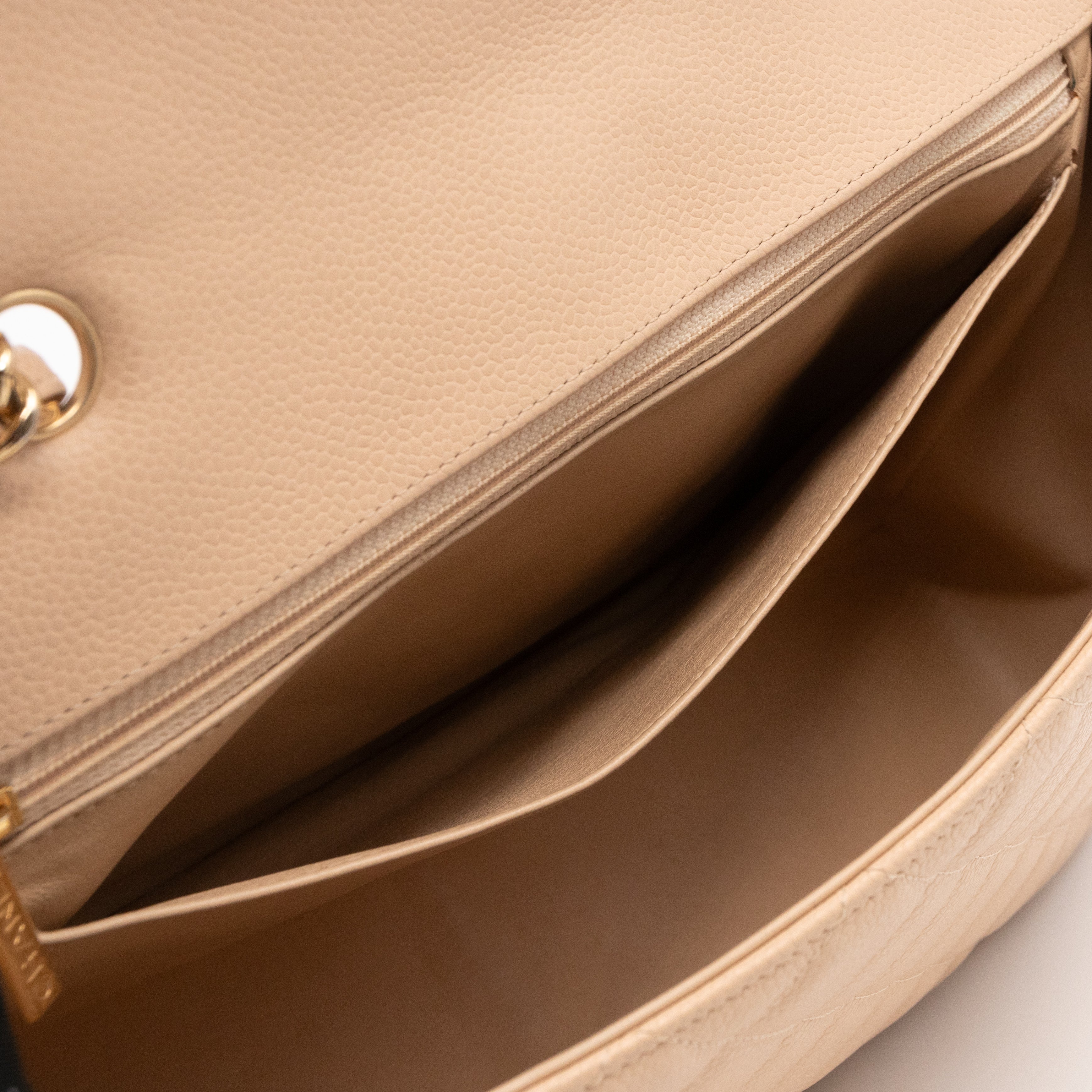 Classic Single Flap Jumbo Beige Caviarskin Leather Gold