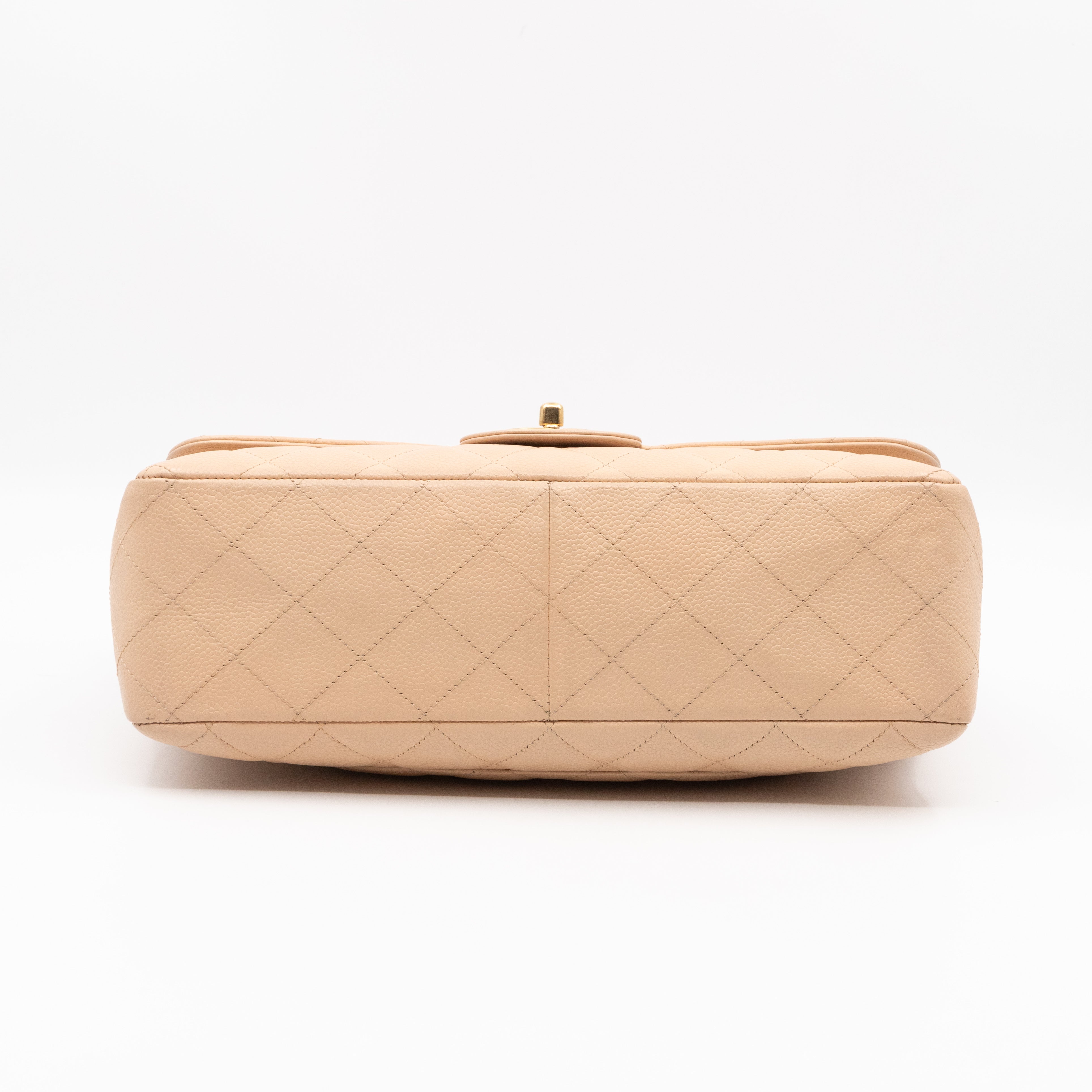 Classic Single Flap Jumbo Beige Caviarskin Leather Gold