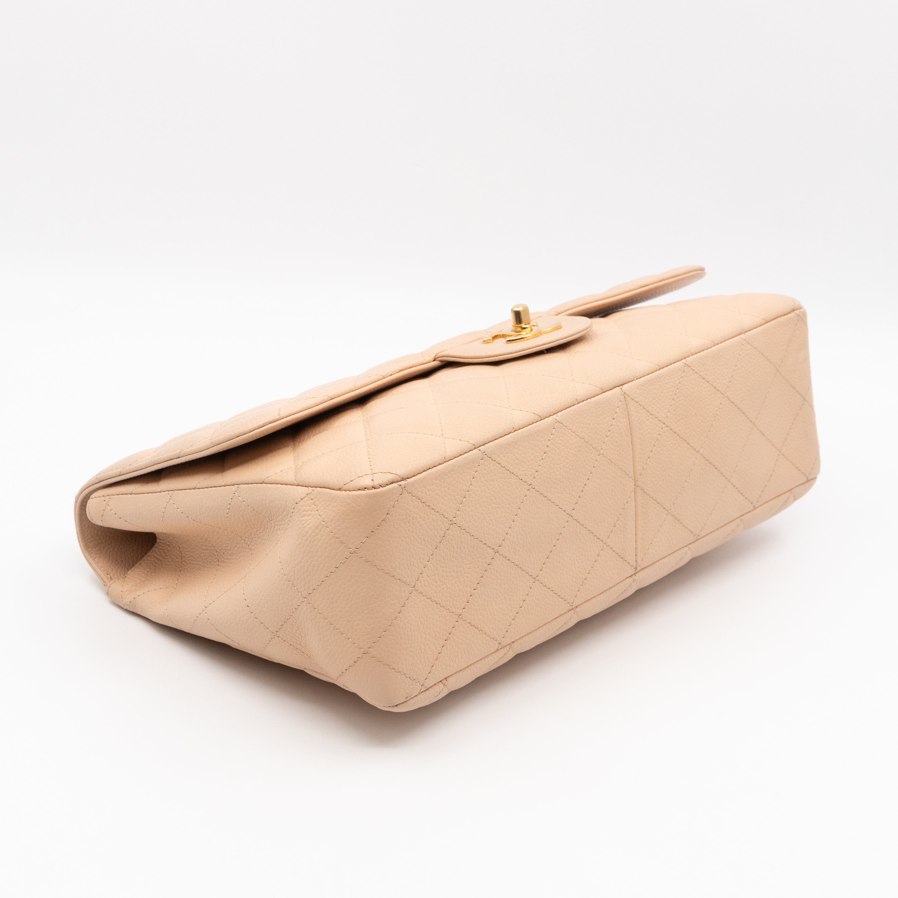 Classic Single Flap Jumbo Beige Caviarskin Leather Gold
