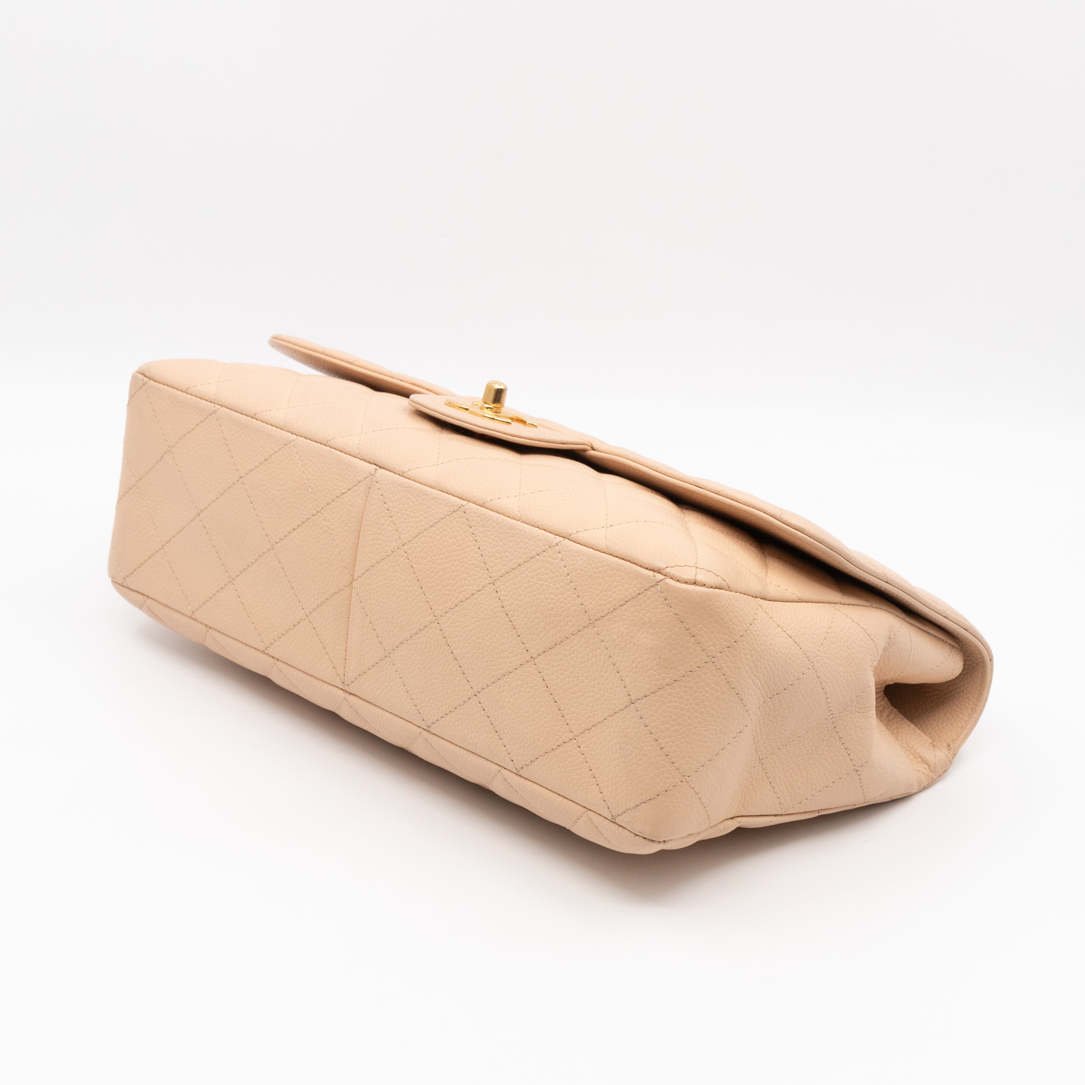 Classic Single Flap Jumbo Beige Caviarskin Leather Gold