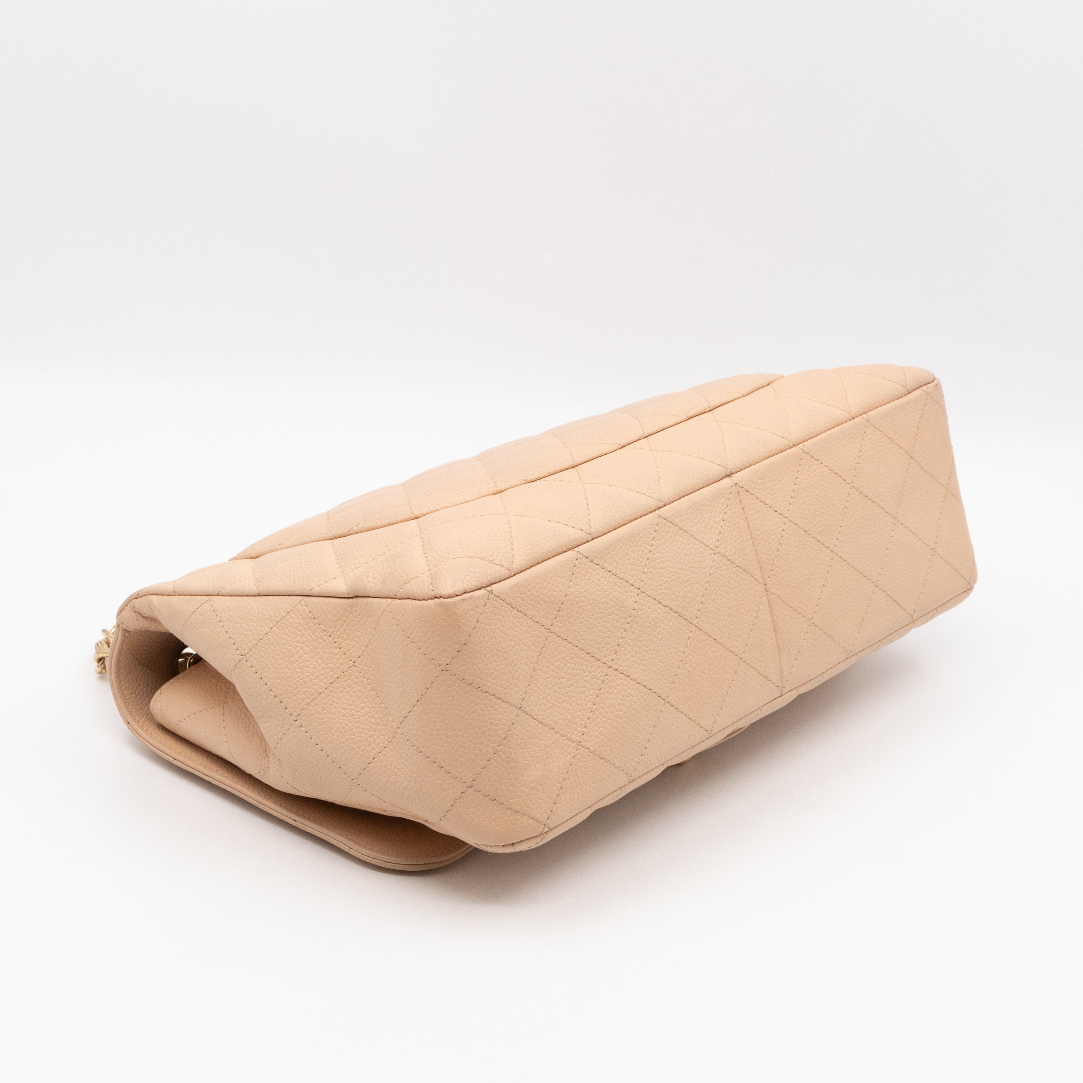 Classic Single Flap Jumbo Beige Caviarskin Leather Gold