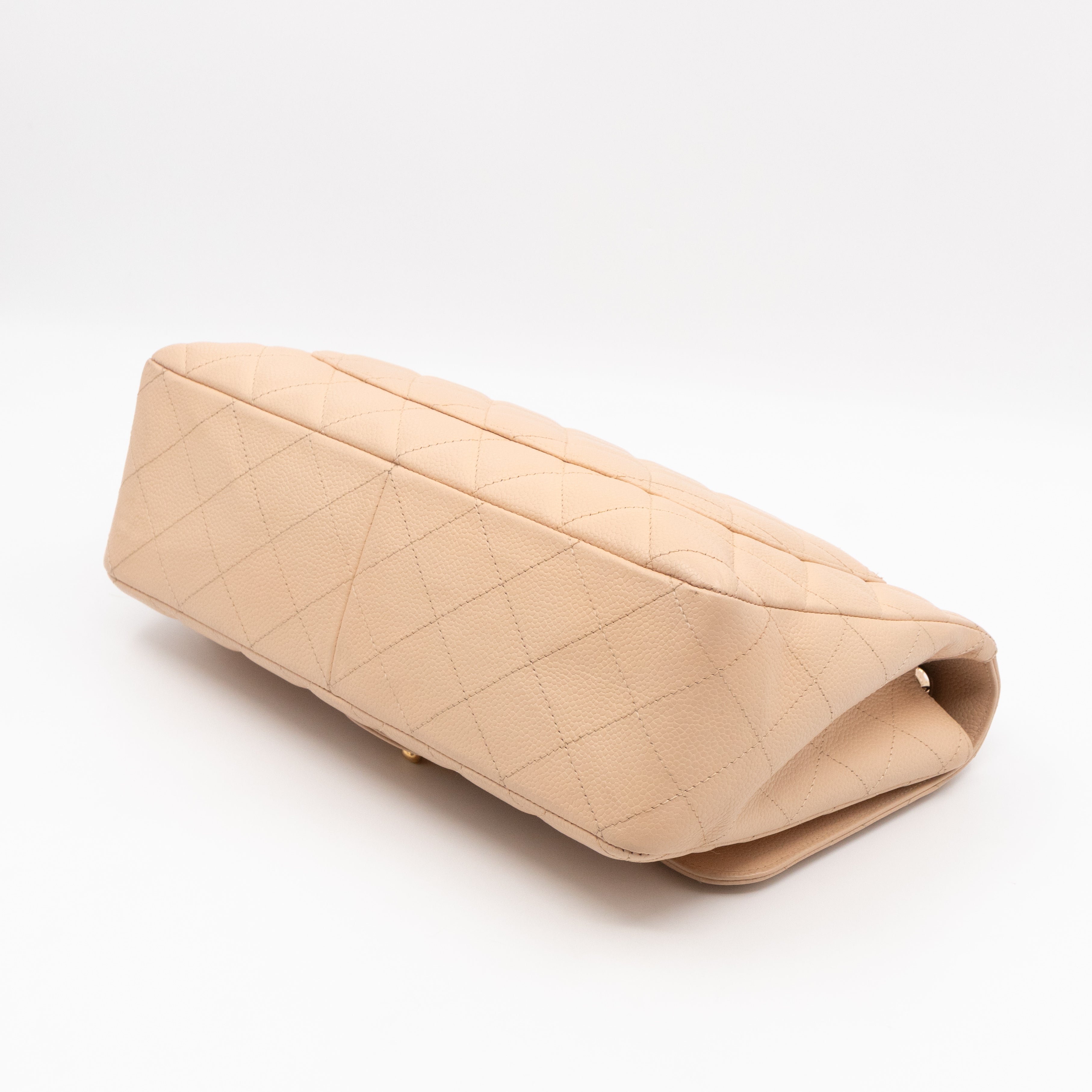 Classic Single Flap Jumbo Beige Caviarskin Leather Gold