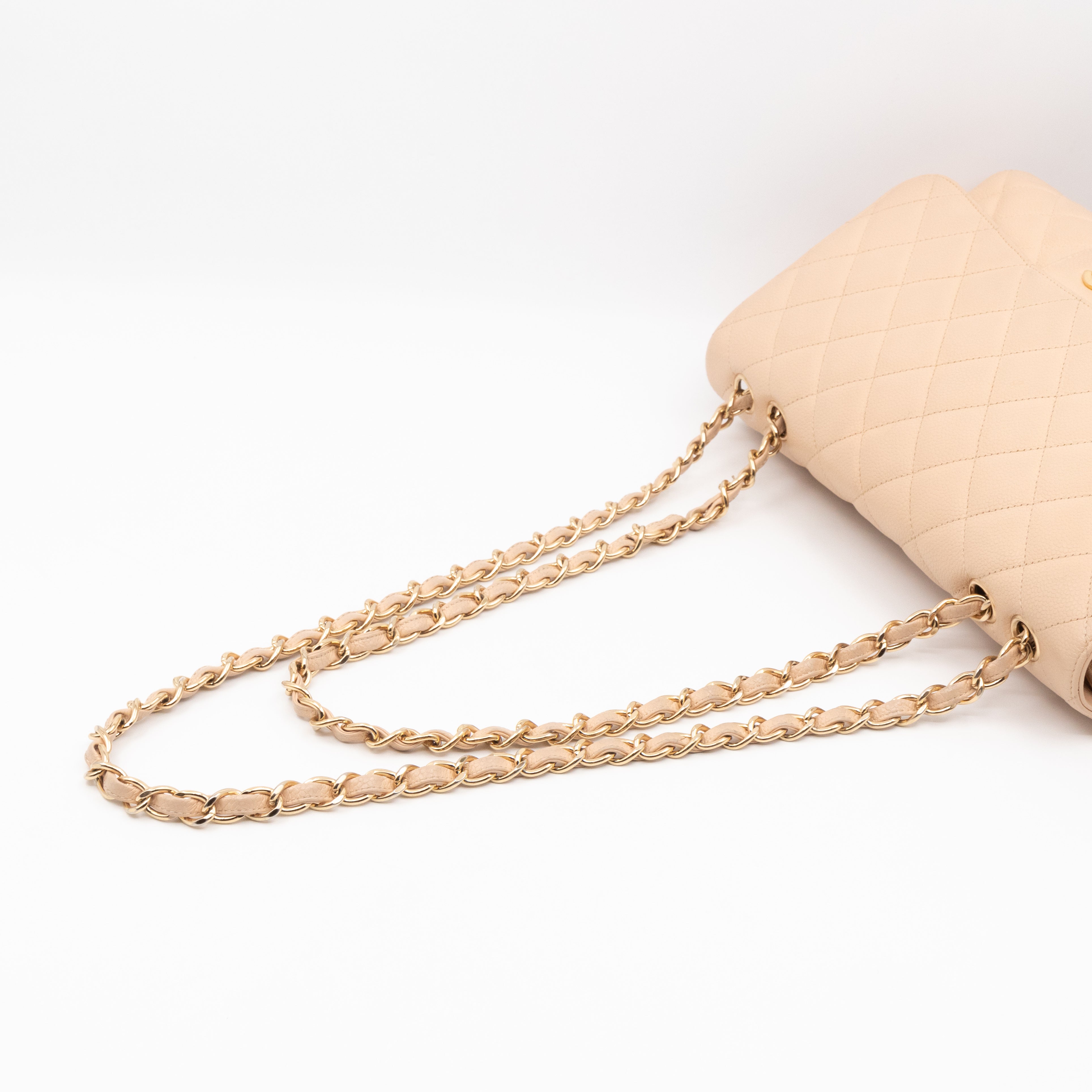 Classic Single Flap Jumbo Beige Caviarskin Leather Gold