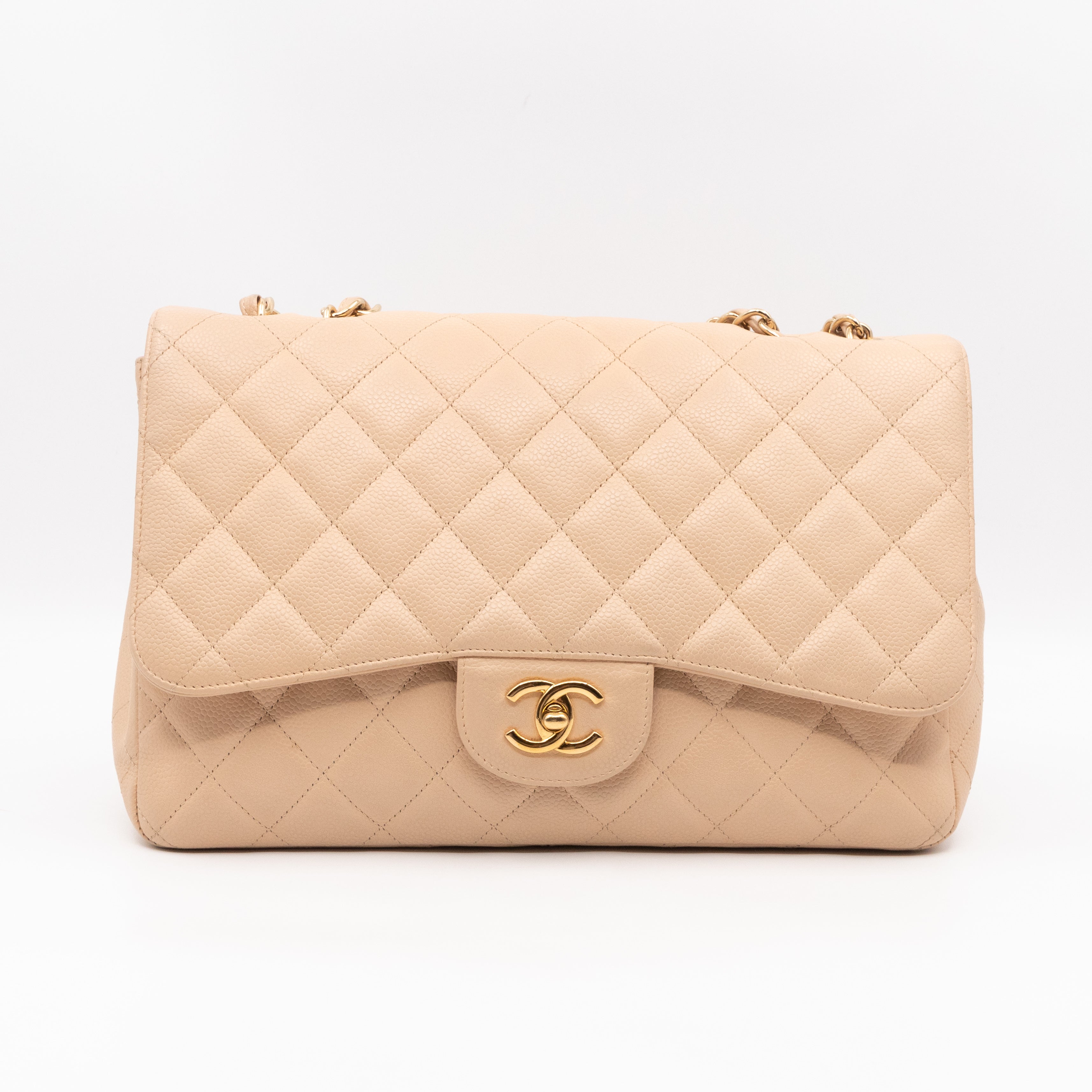 Classic Single Flap Jumbo Beige Caviarskin Leather Gold