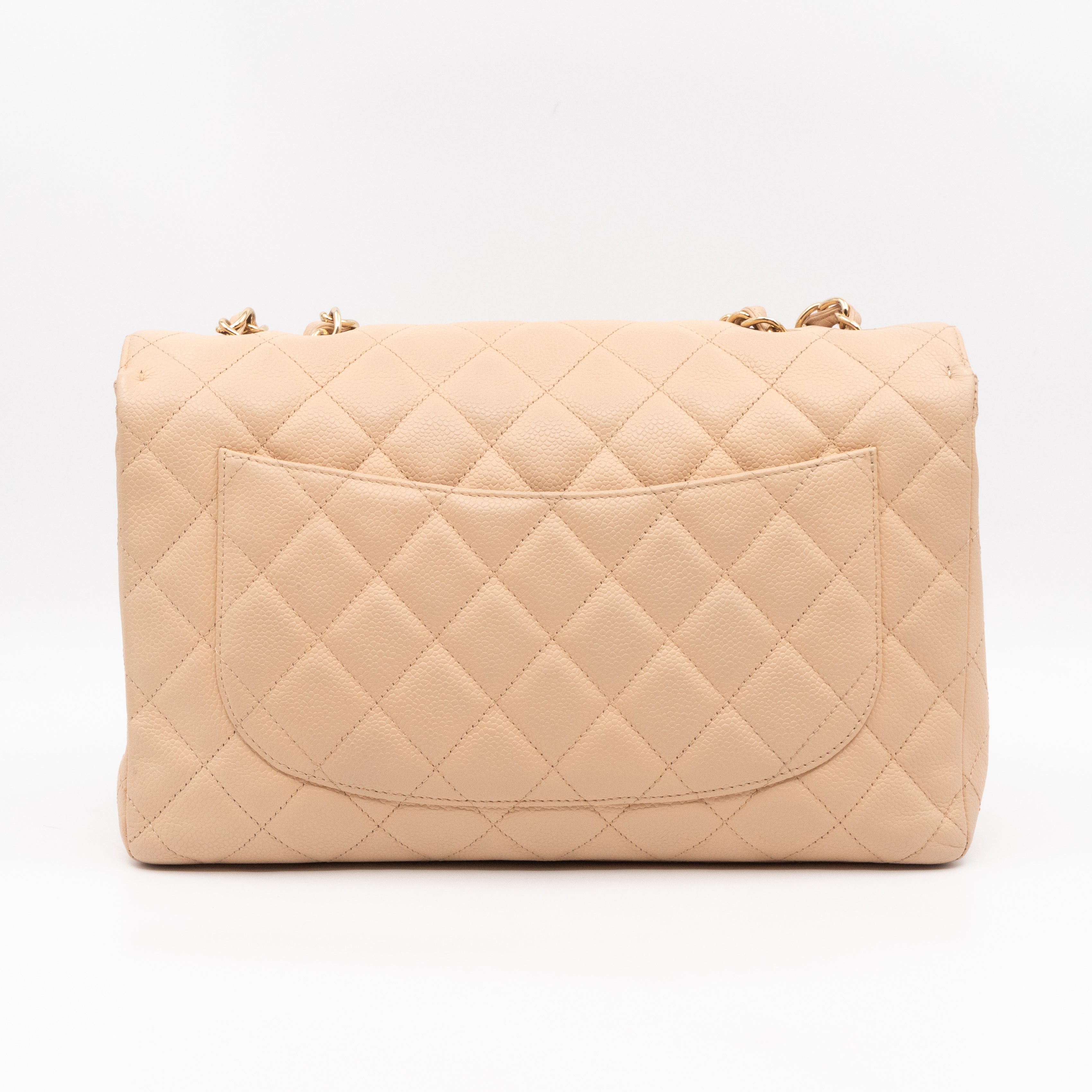 Classic Single Flap Jumbo Beige Caviarskin Leather Gold