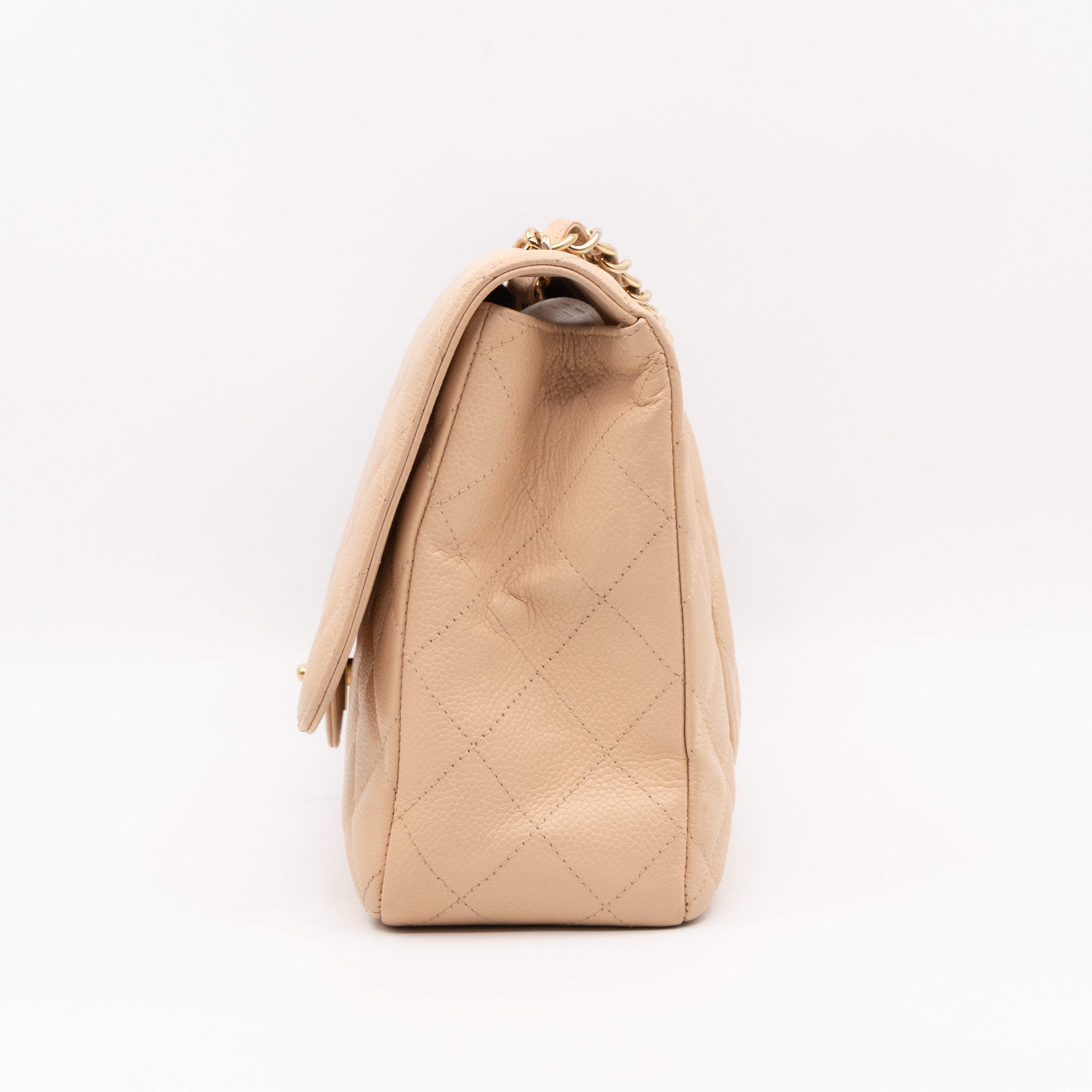 Classic Single Flap Jumbo Beige Caviarskin Leather Gold