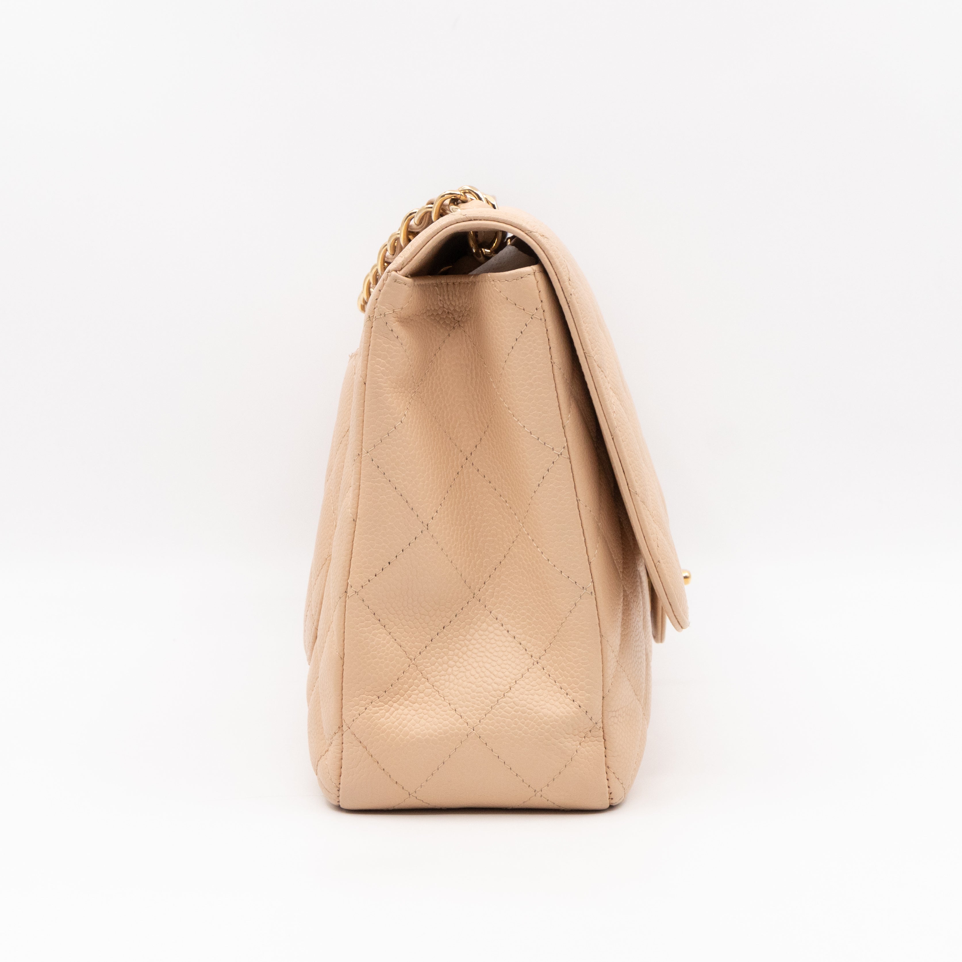 Classic Single Flap Jumbo Beige Caviarskin Leather Gold
