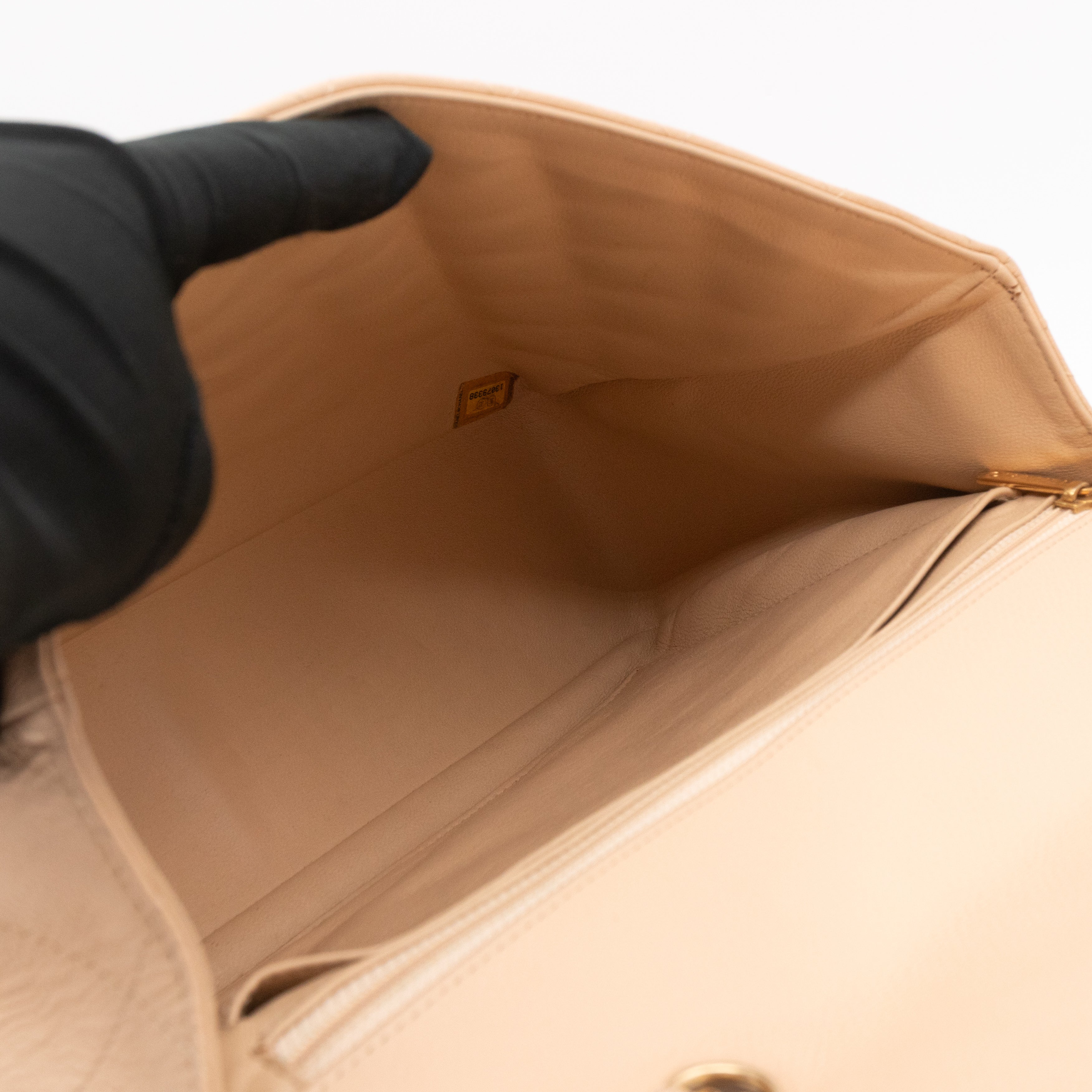 Classic Single Flap Jumbo Beige Caviarskin Leather Gold