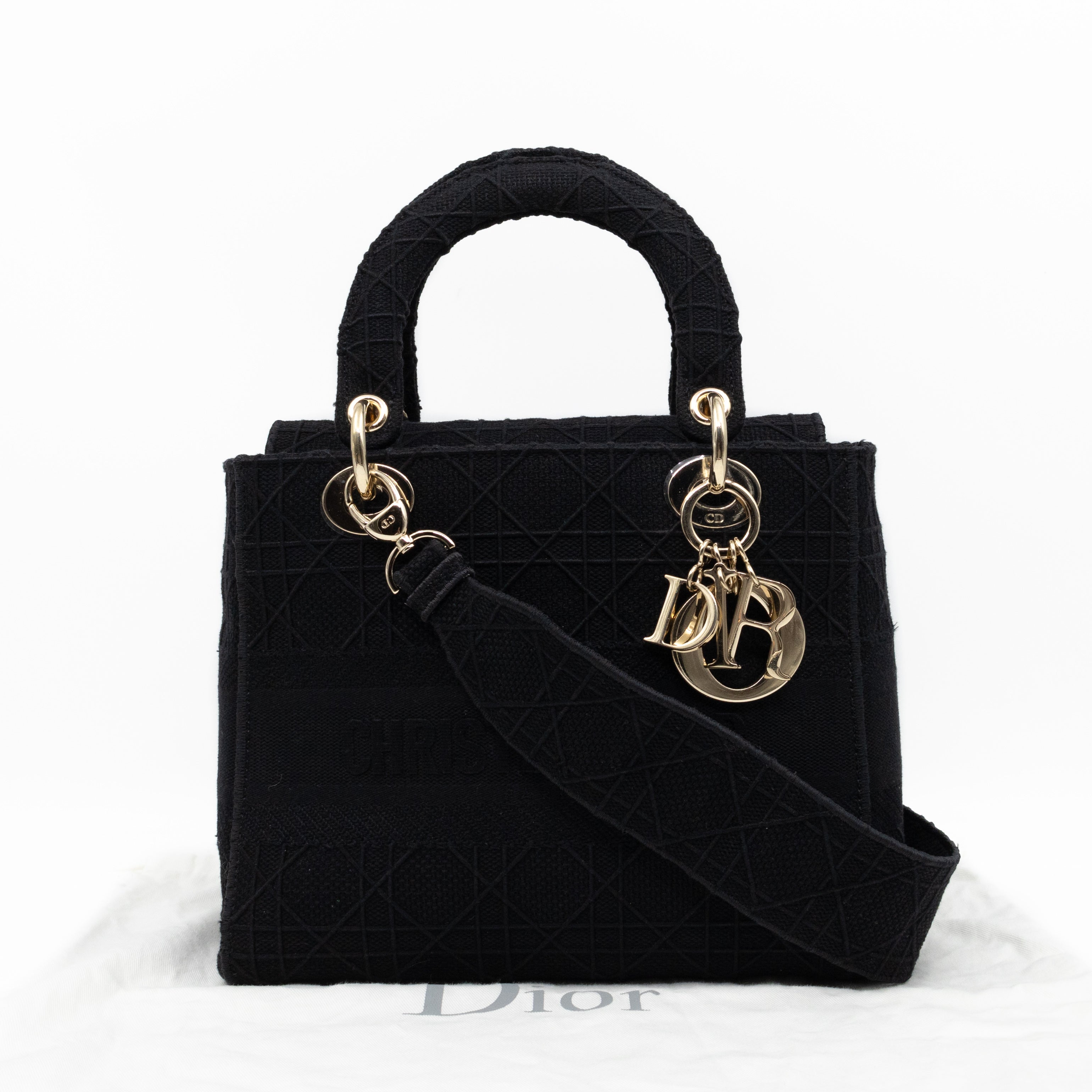 Lady D-Lite Medium Black Canvas Embroidery Cannage