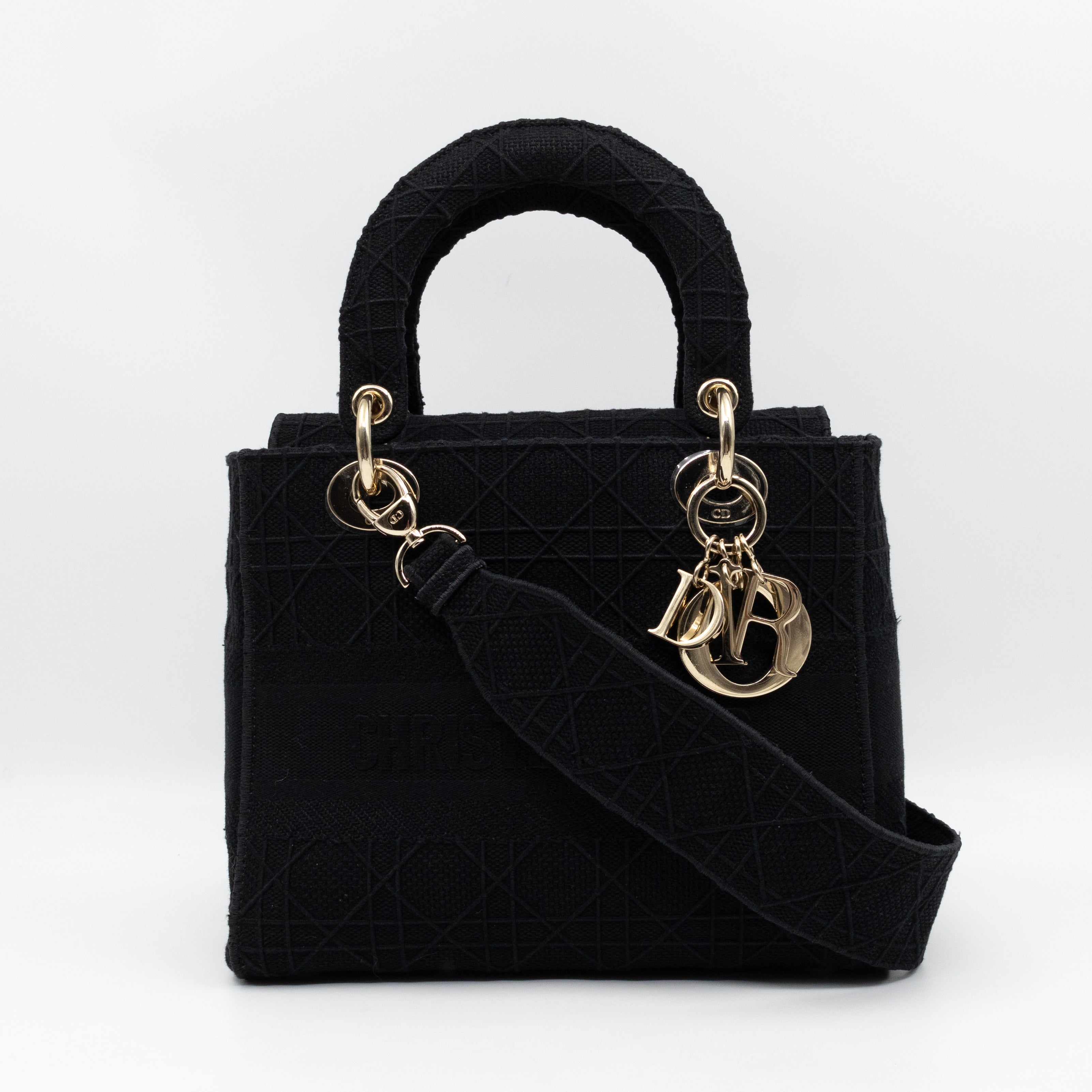 Lady D-Lite Medium Black Canvas Embroidery Cannage