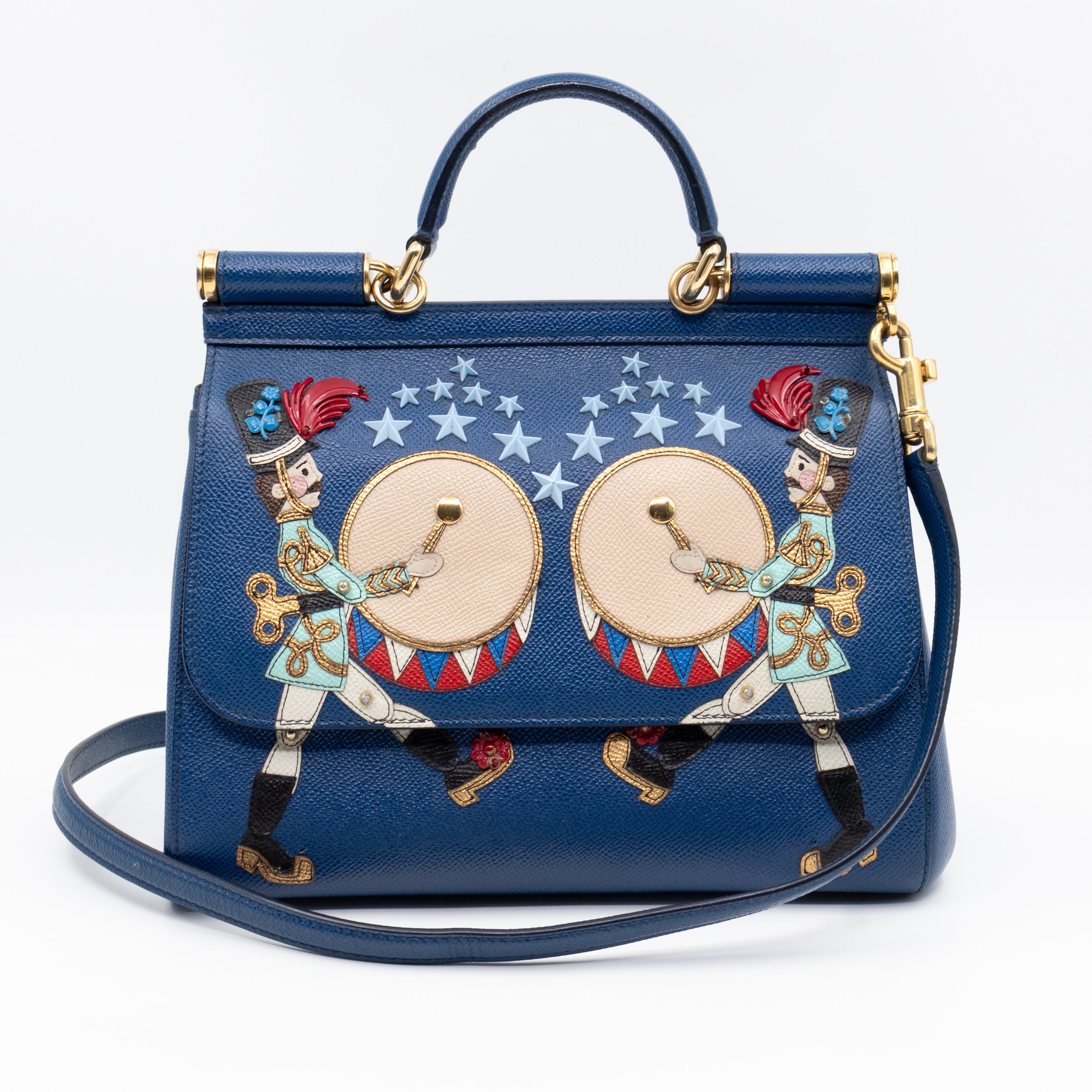 Sicily Medium Drummer Print Blue Leather