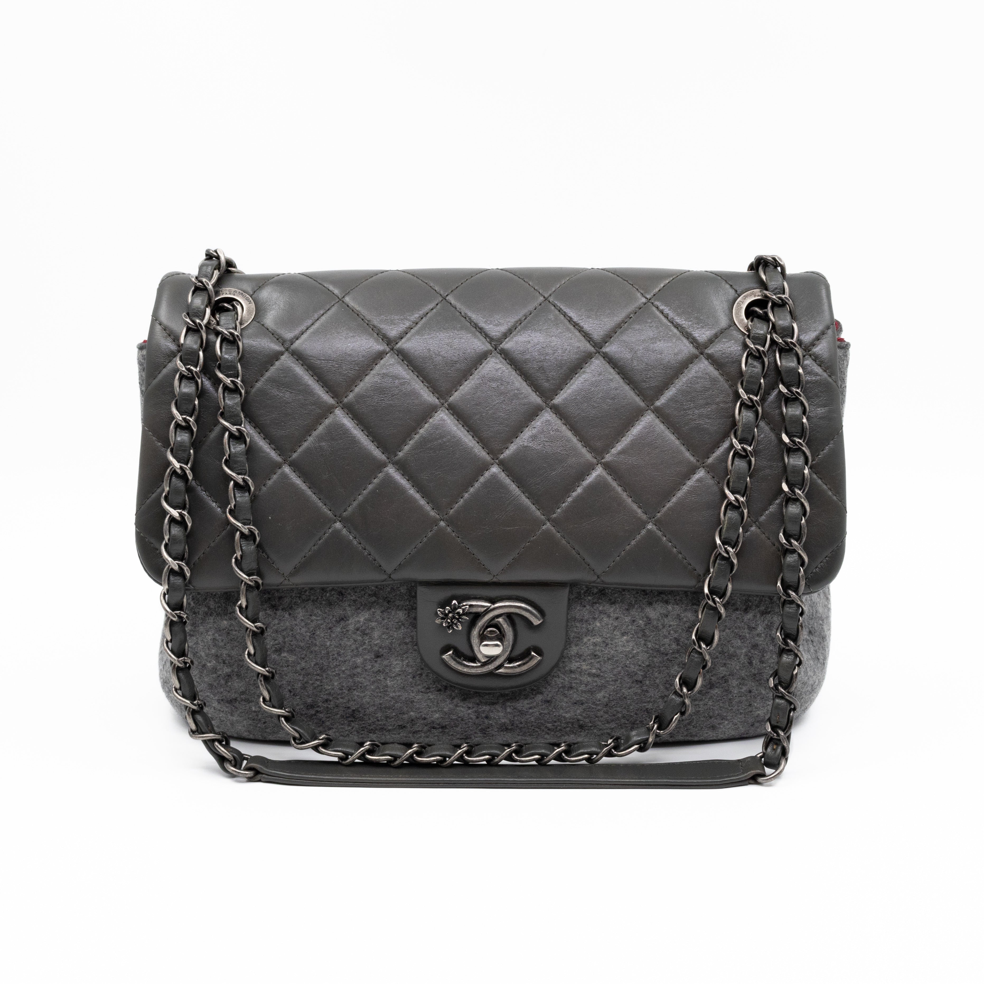 Edelweiss Flower Flap Bag Grey Glazed Calfskin & Felt