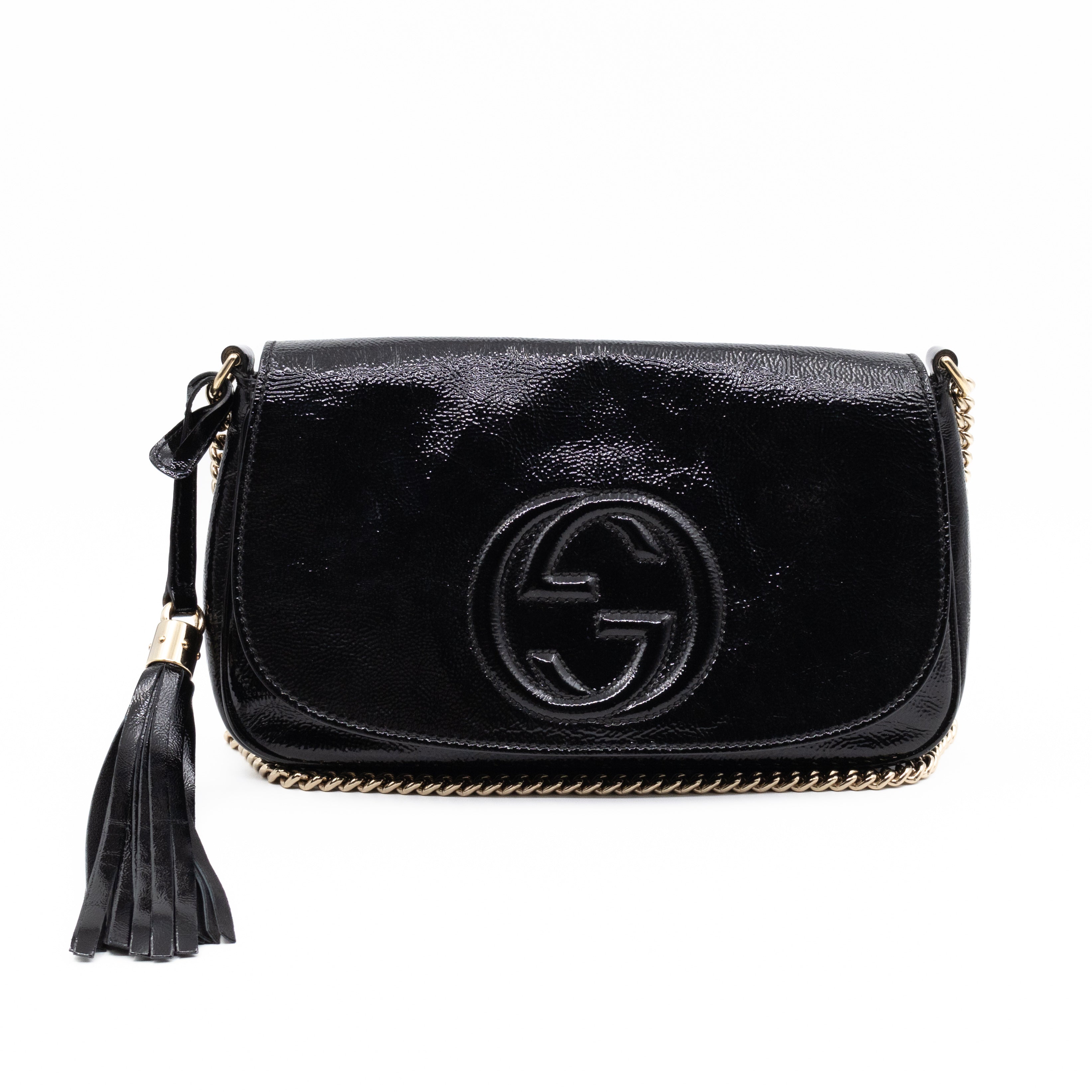 Soho Medium Flap Chain Bag Black Patent Leather