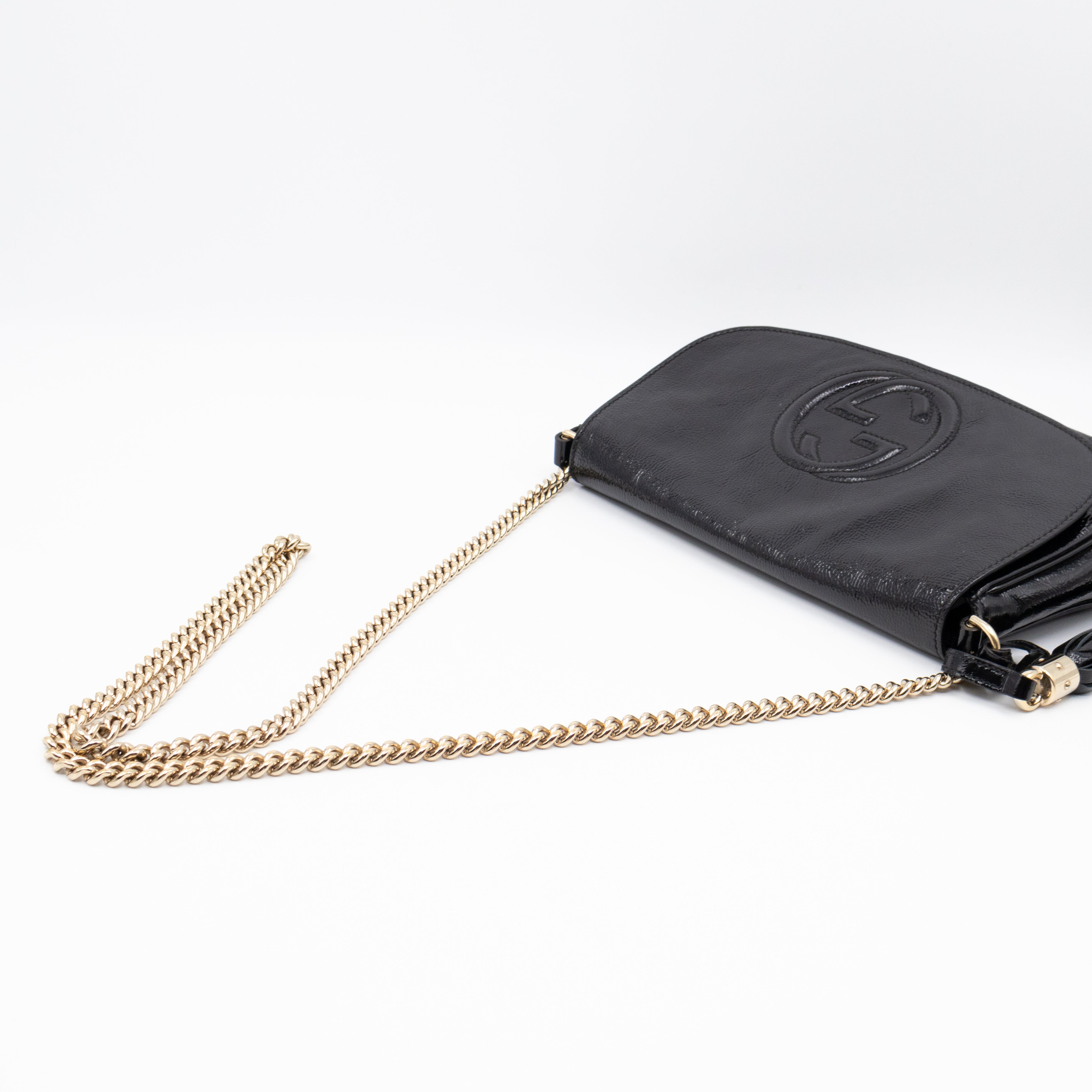 Soho Medium Flap Chain Bag Black Patent Leather