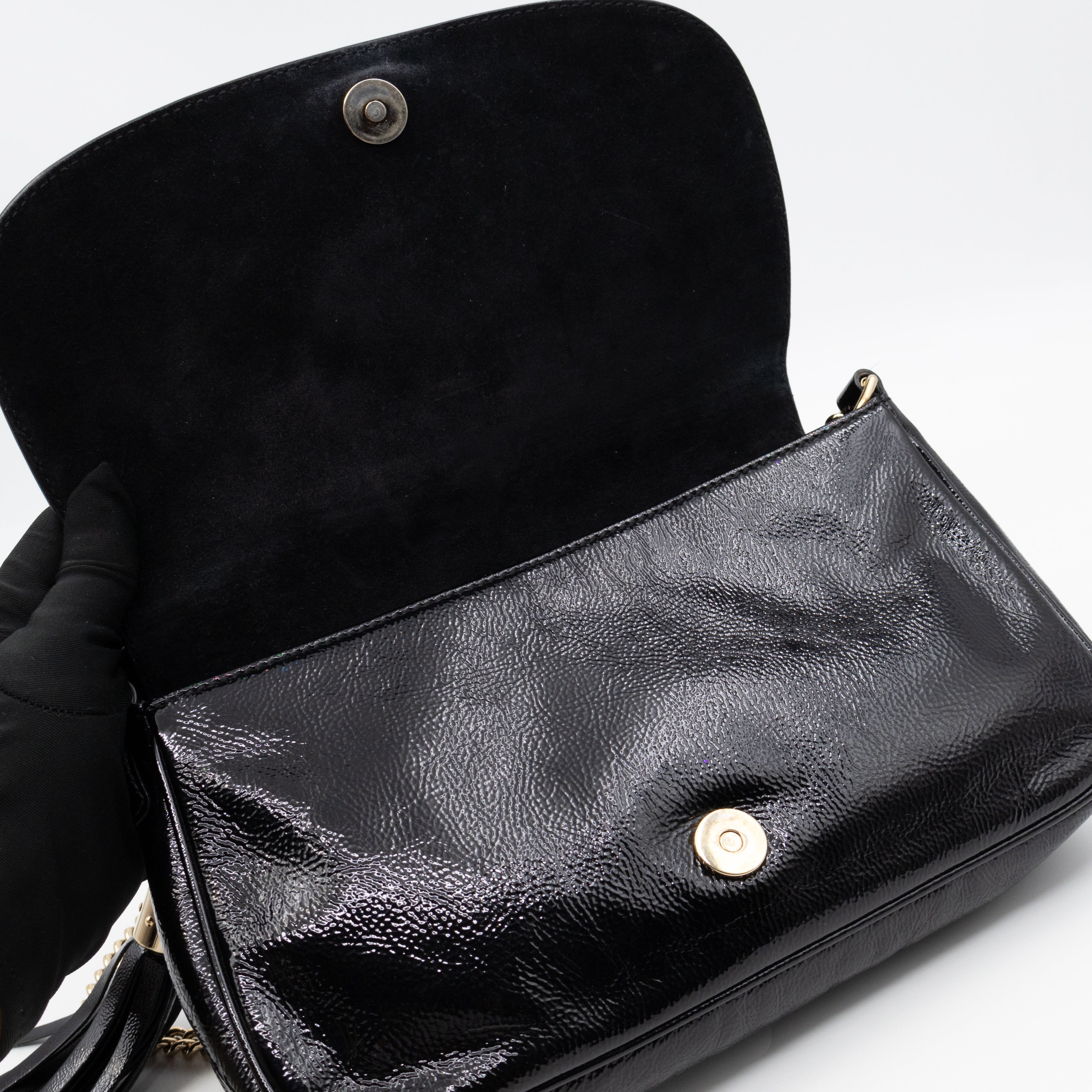 Soho Medium Flap Chain Bag Black Patent Leather
