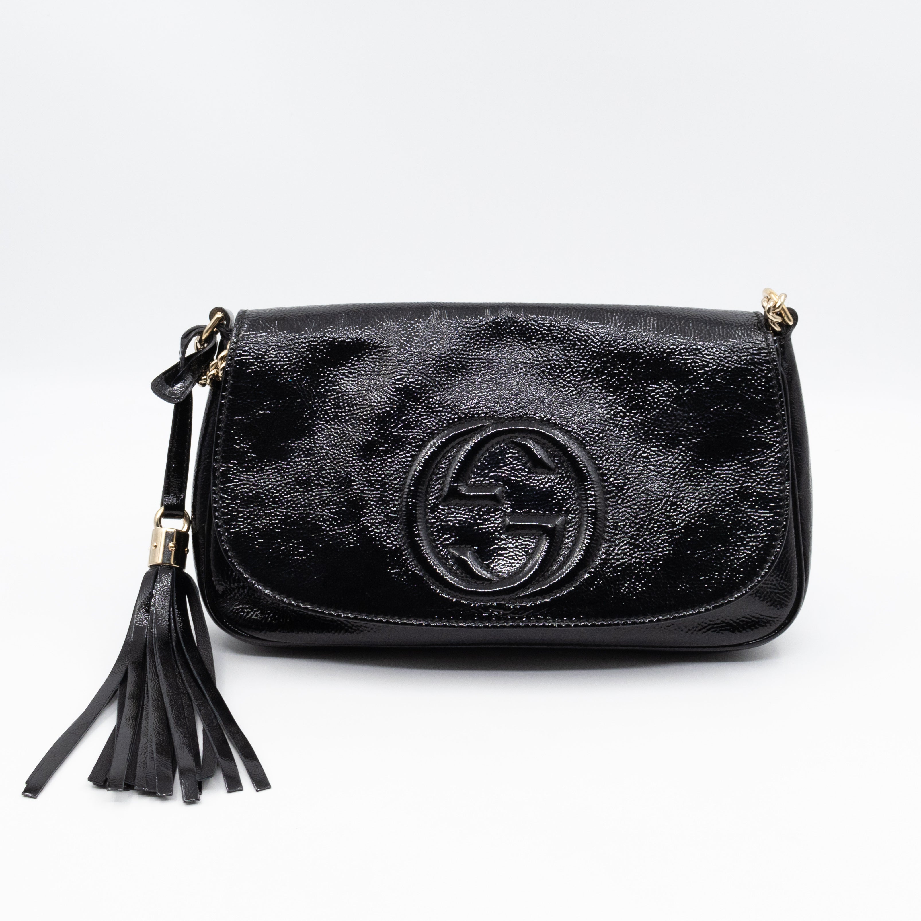 Soho Medium Flap Chain Bag Black Patent Leather