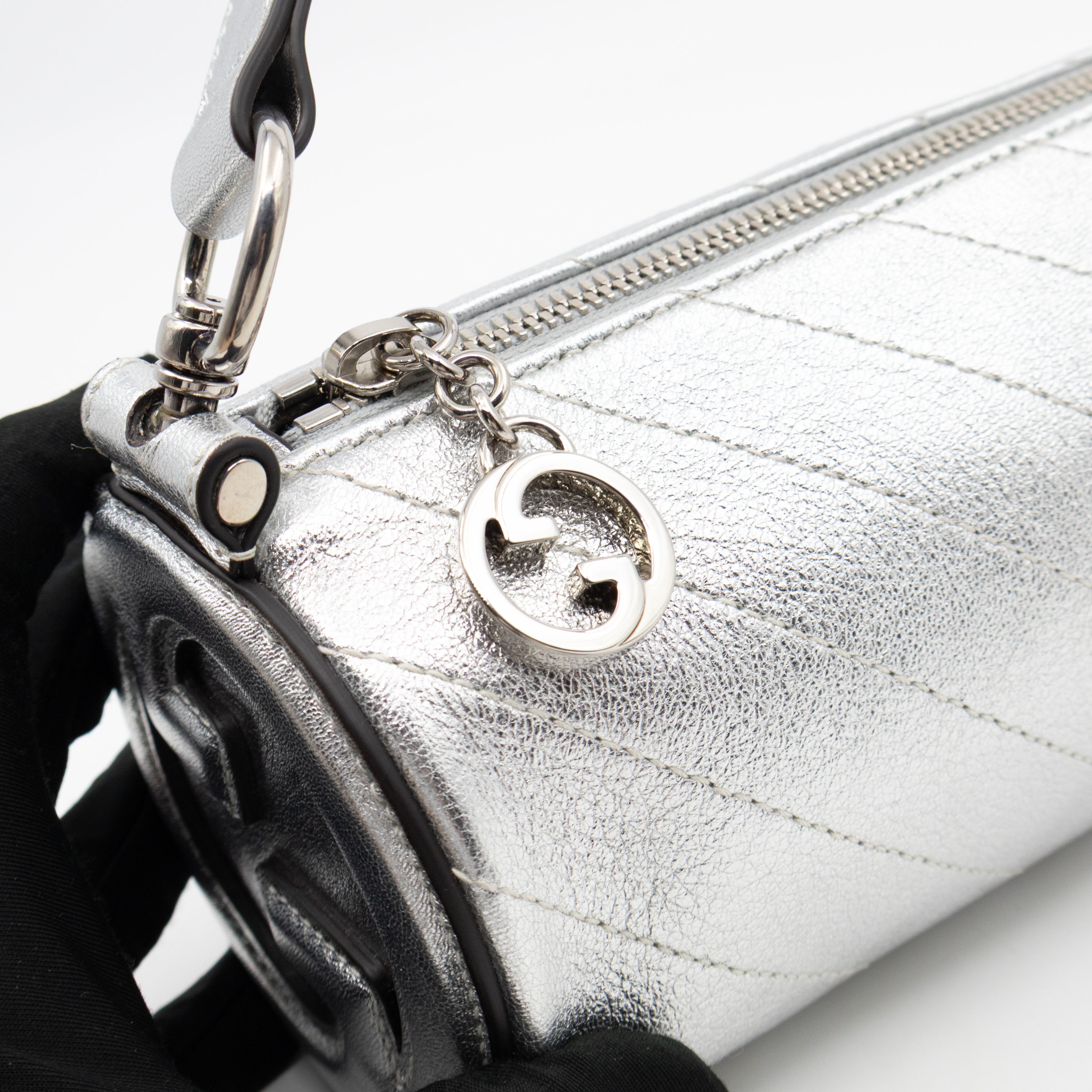 Mini Blondie Shoulder Bag Silver Diagonal Quilted Leather