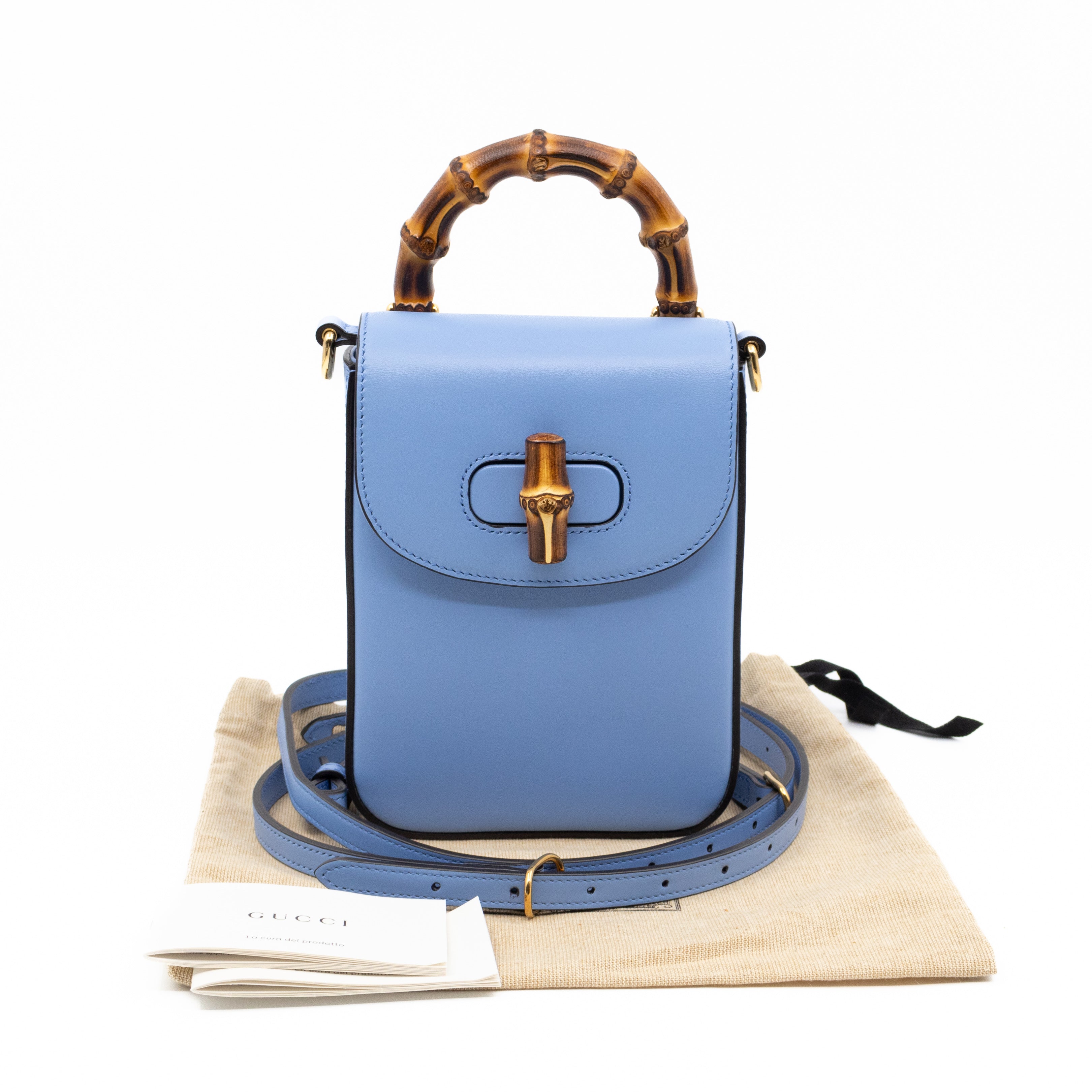 Mini Bamboo Top Handle 3-way Bag Light Blue Leather