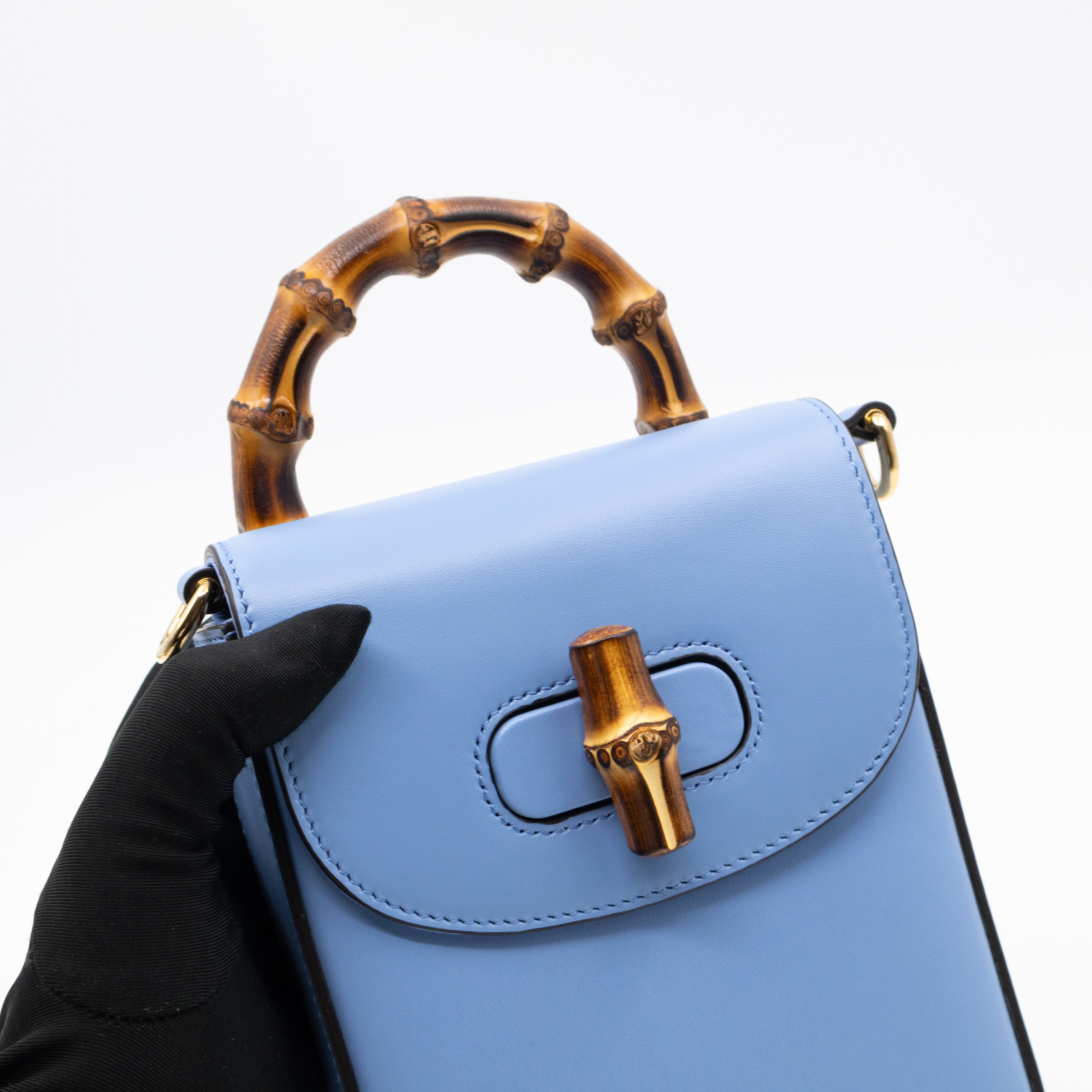 Mini Bamboo Top Handle 3-way Bag Light Blue Leather