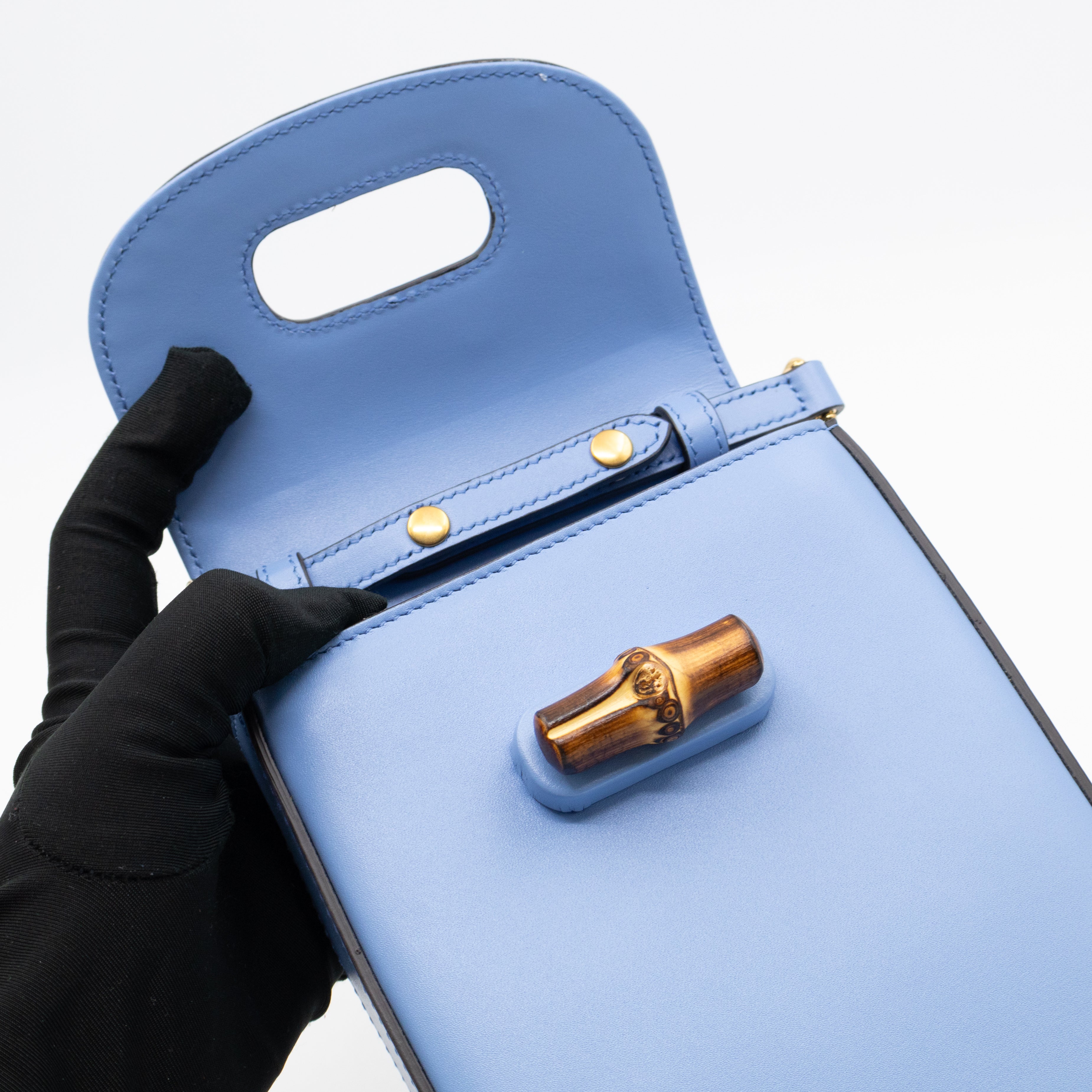 Mini Bamboo Top Handle 3-way Bag Light Blue Leather