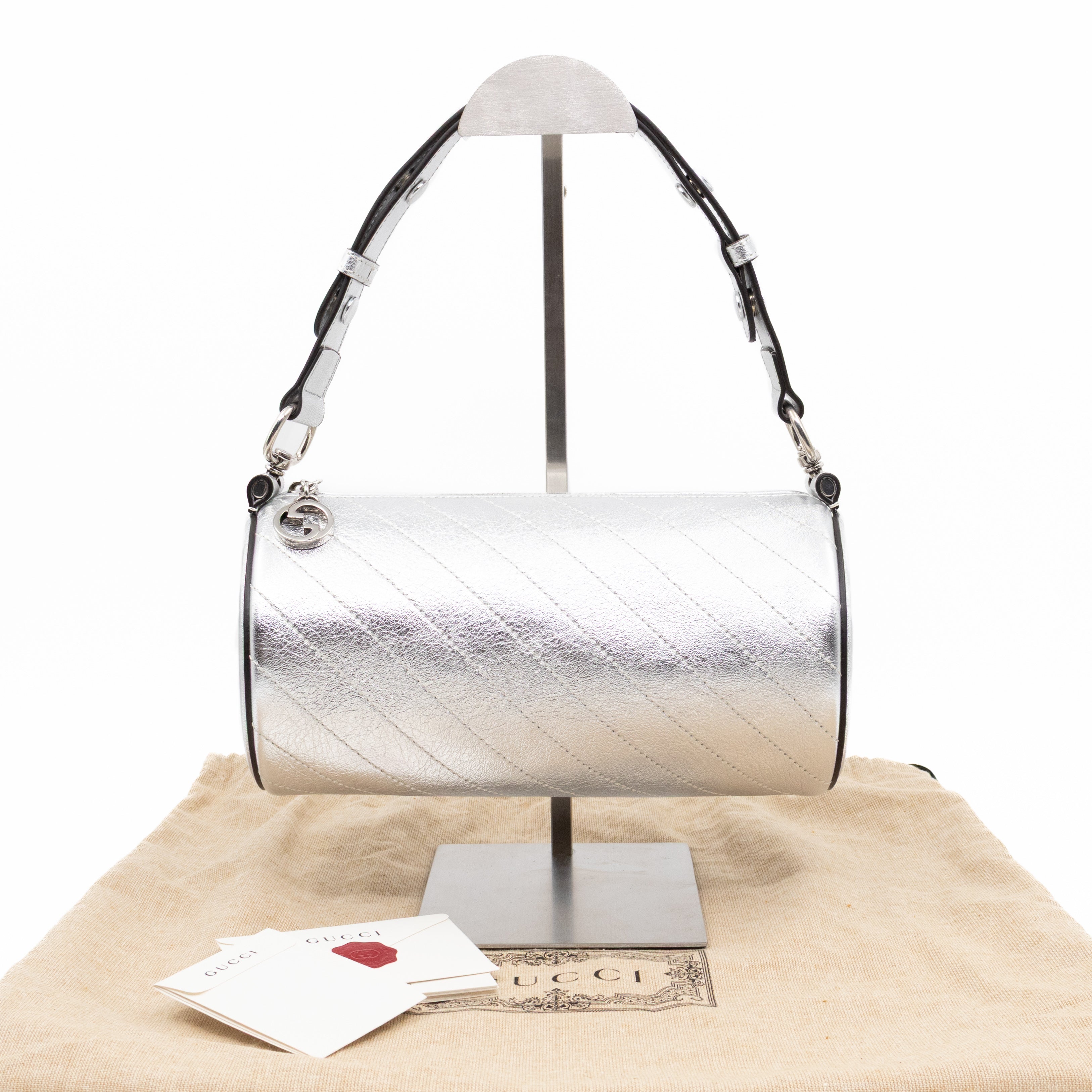 Small Blondie Shoulder Bag Silver Diagonal Quilted Leather