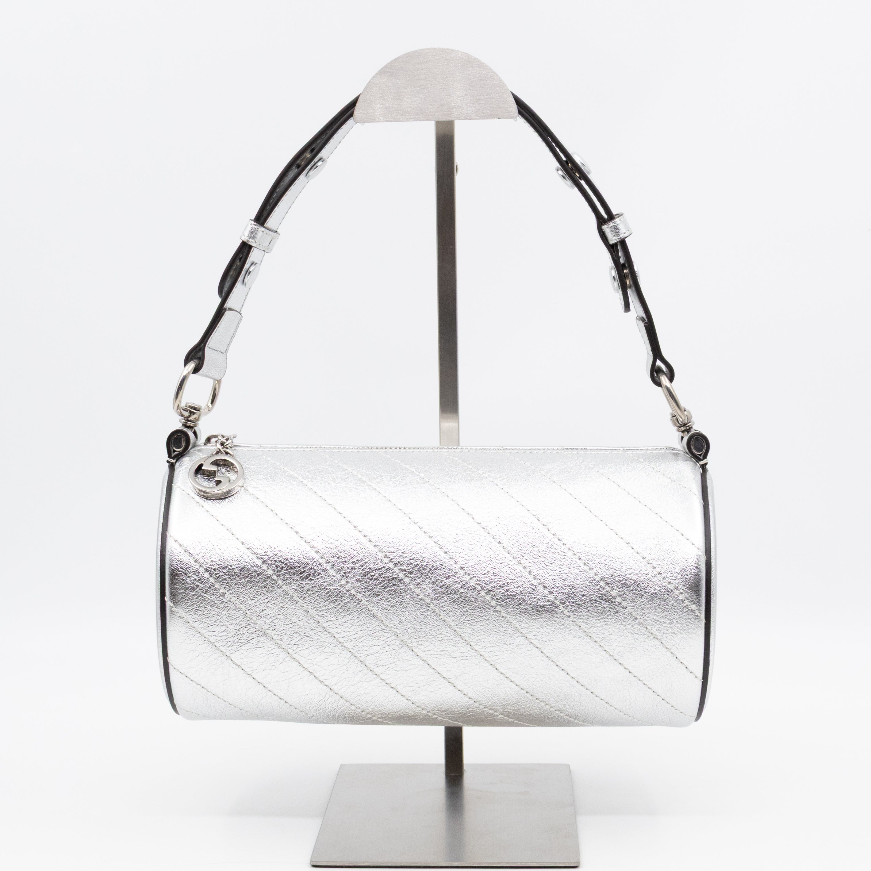 Small Blondie Shoulder Bag Silver Diagonal Quilted Leather