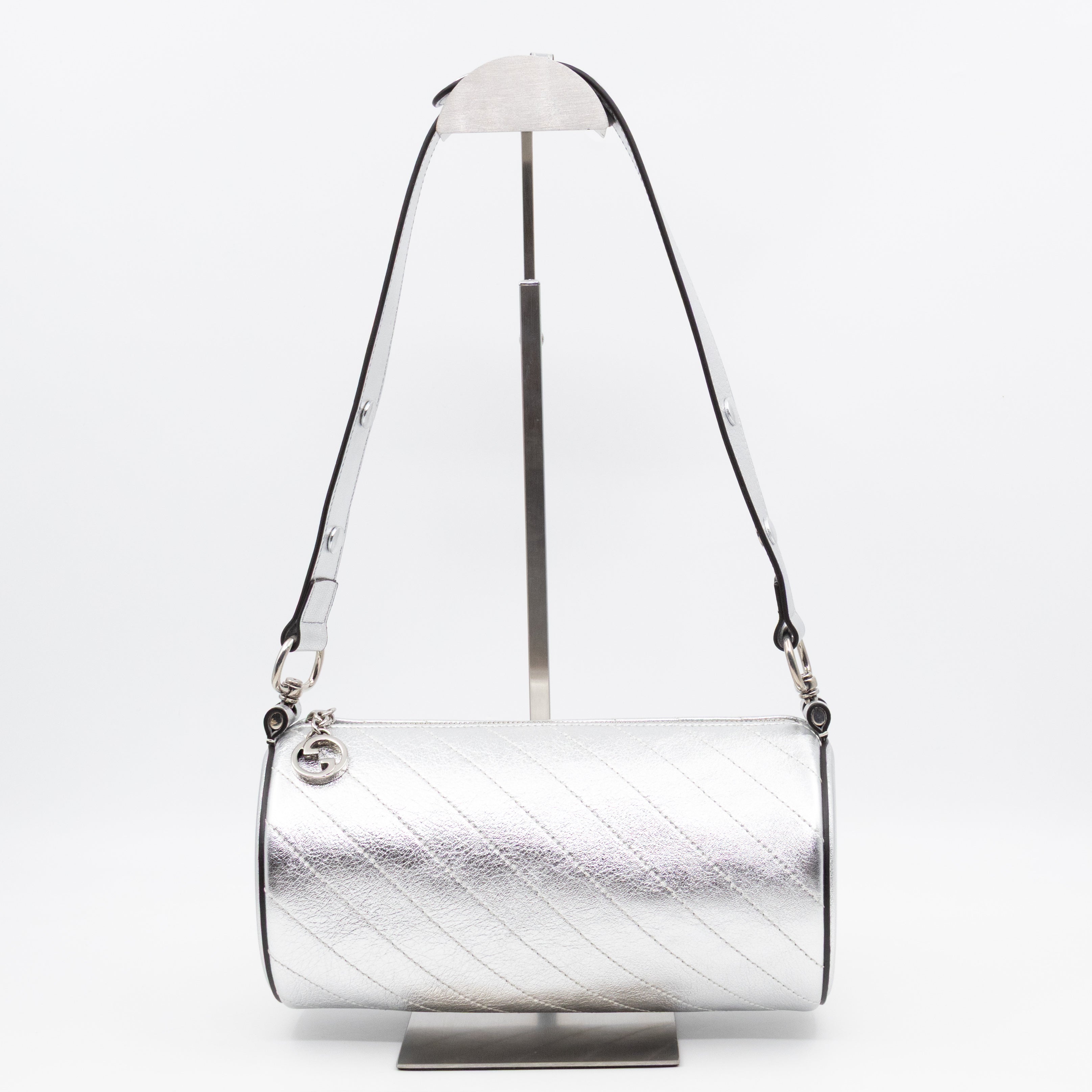 Small Blondie Shoulder Bag Silver Diagonal Quilted Leather