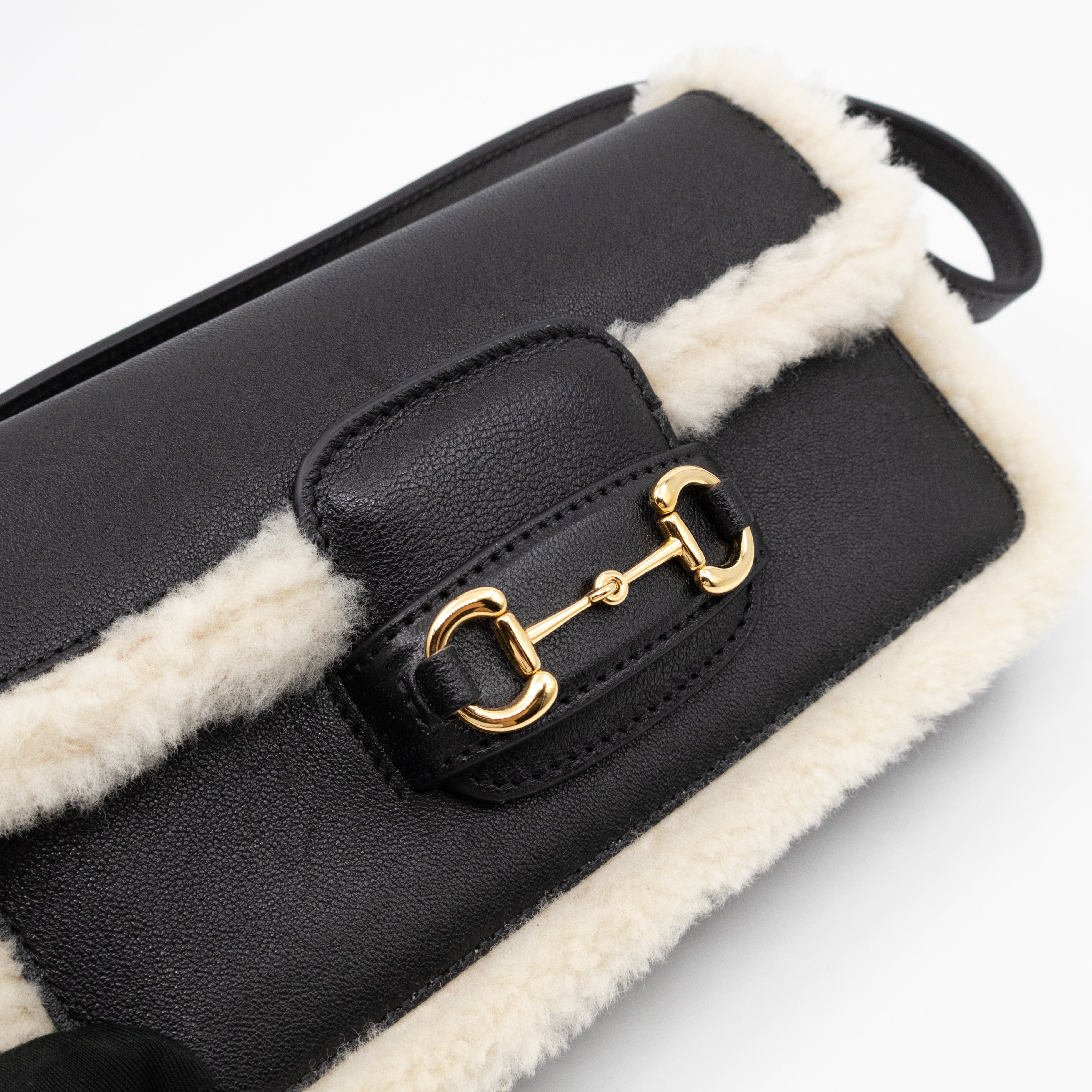 Horsebit 1955 Mini Shoulder Bag Black Leather Shearling