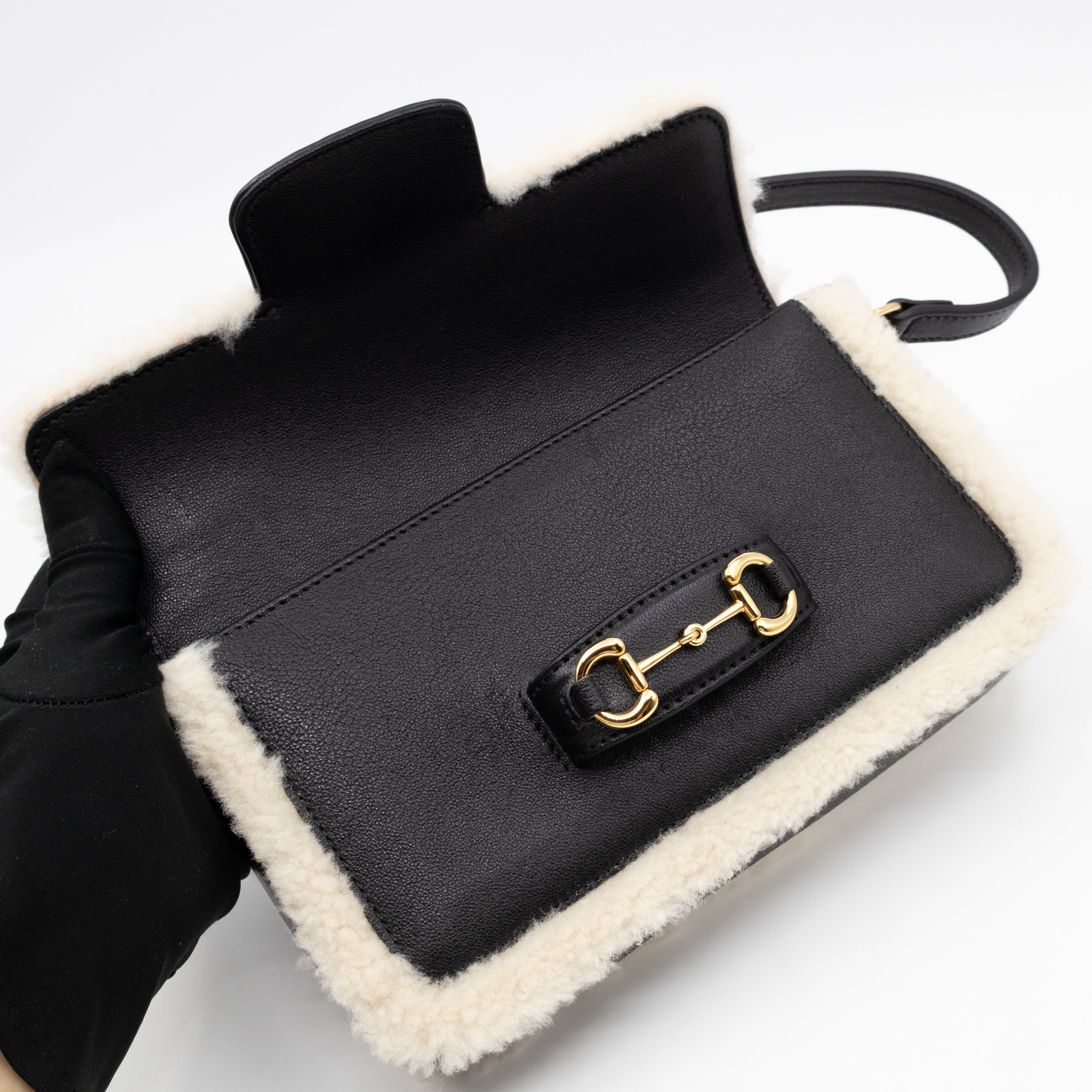 Horsebit 1955 Mini Shoulder Bag Black Leather Shearling