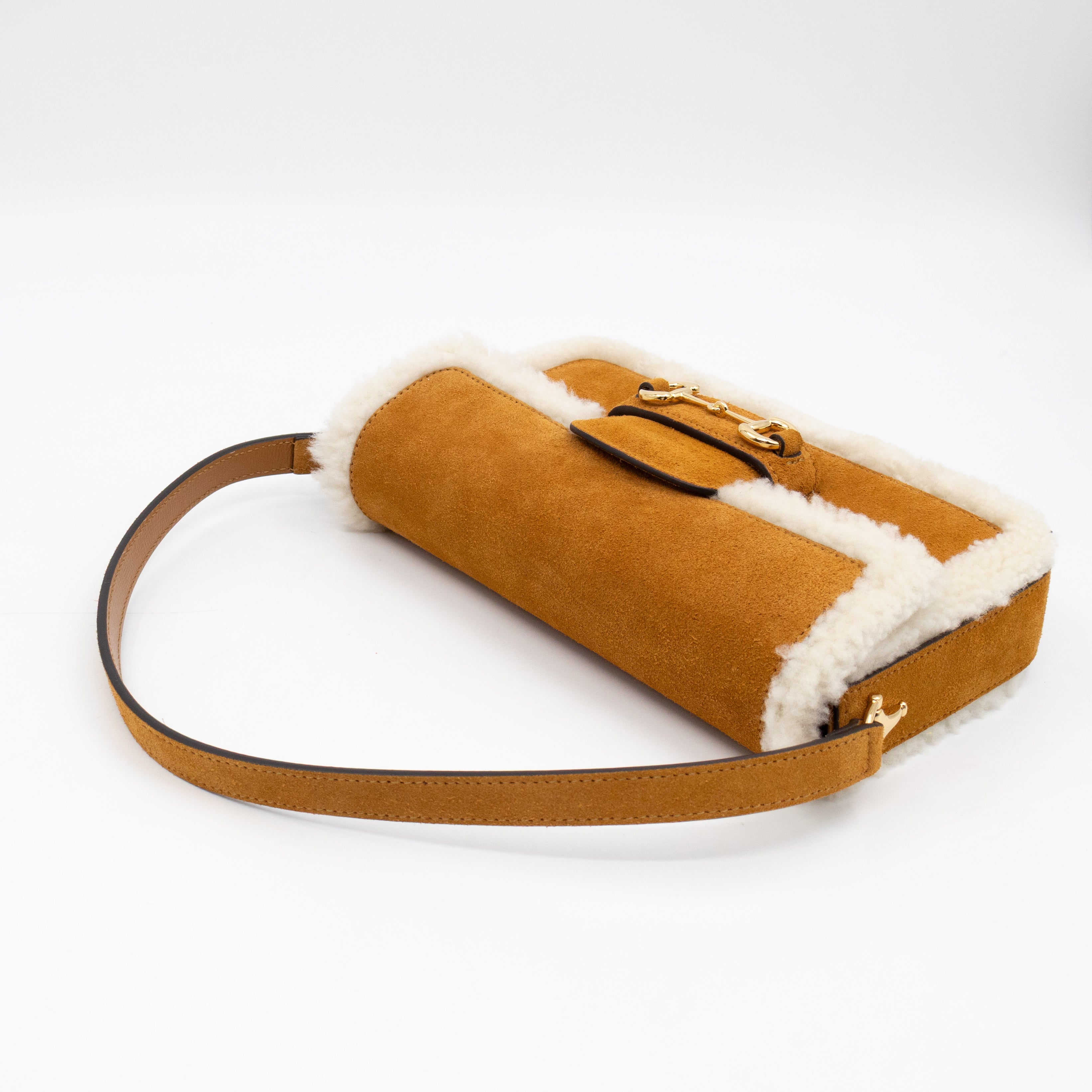 Horsebit 1955 Mini Shoulder Bag Camel Suede Leather Shearling
