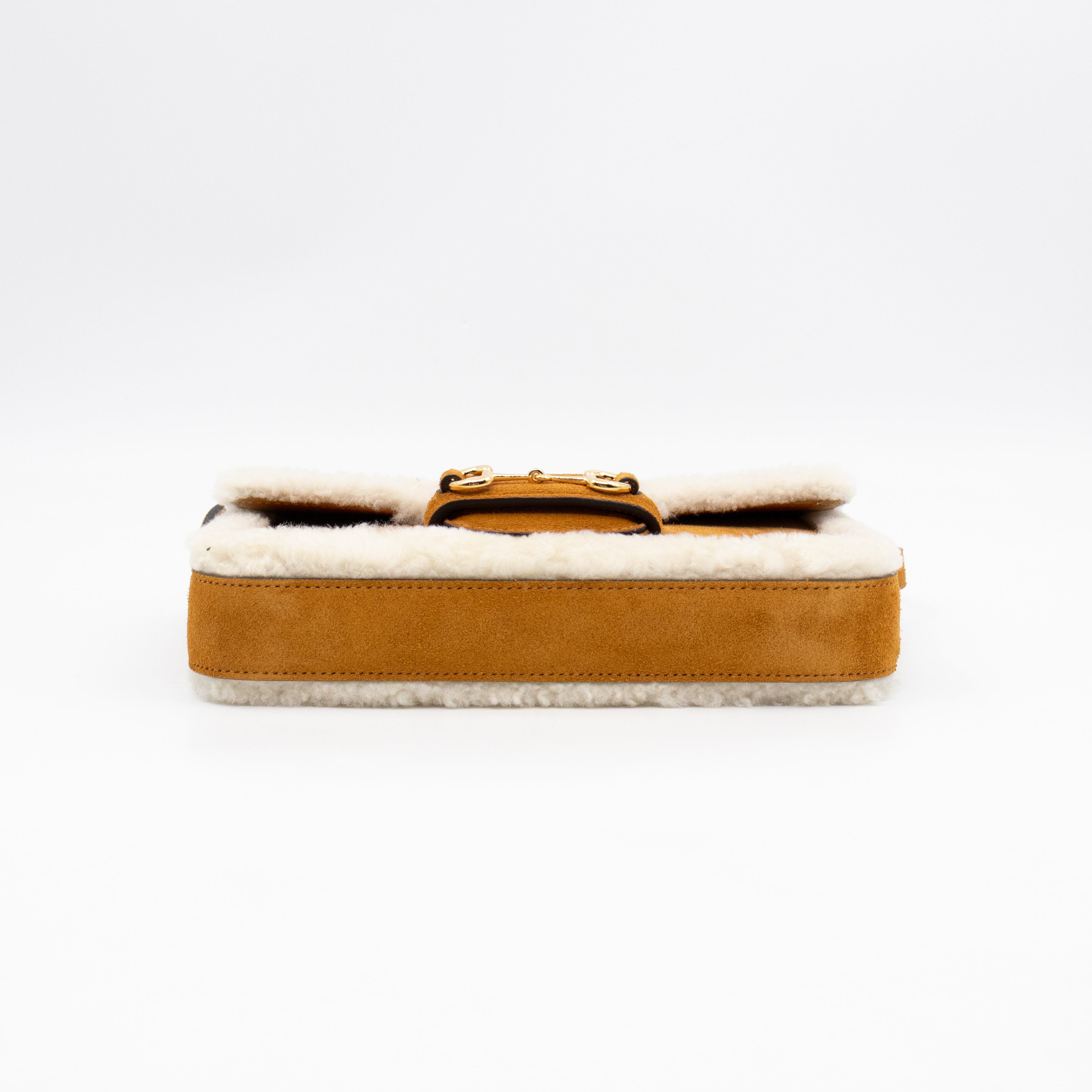 Horsebit 1955 Mini Shoulder Bag Camel Suede Leather Shearling