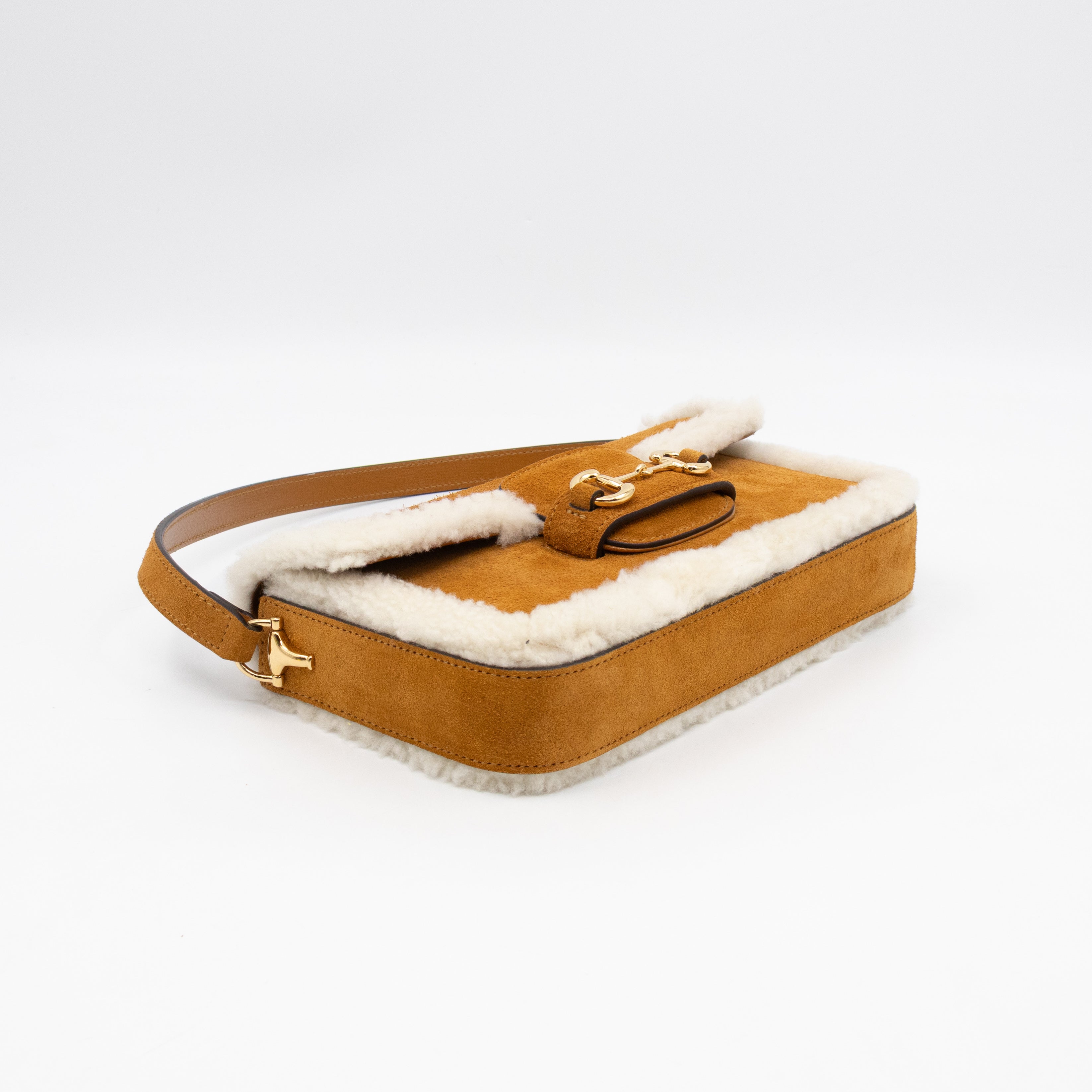 Horsebit 1955 Mini Shoulder Bag Camel Suede Leather Shearling